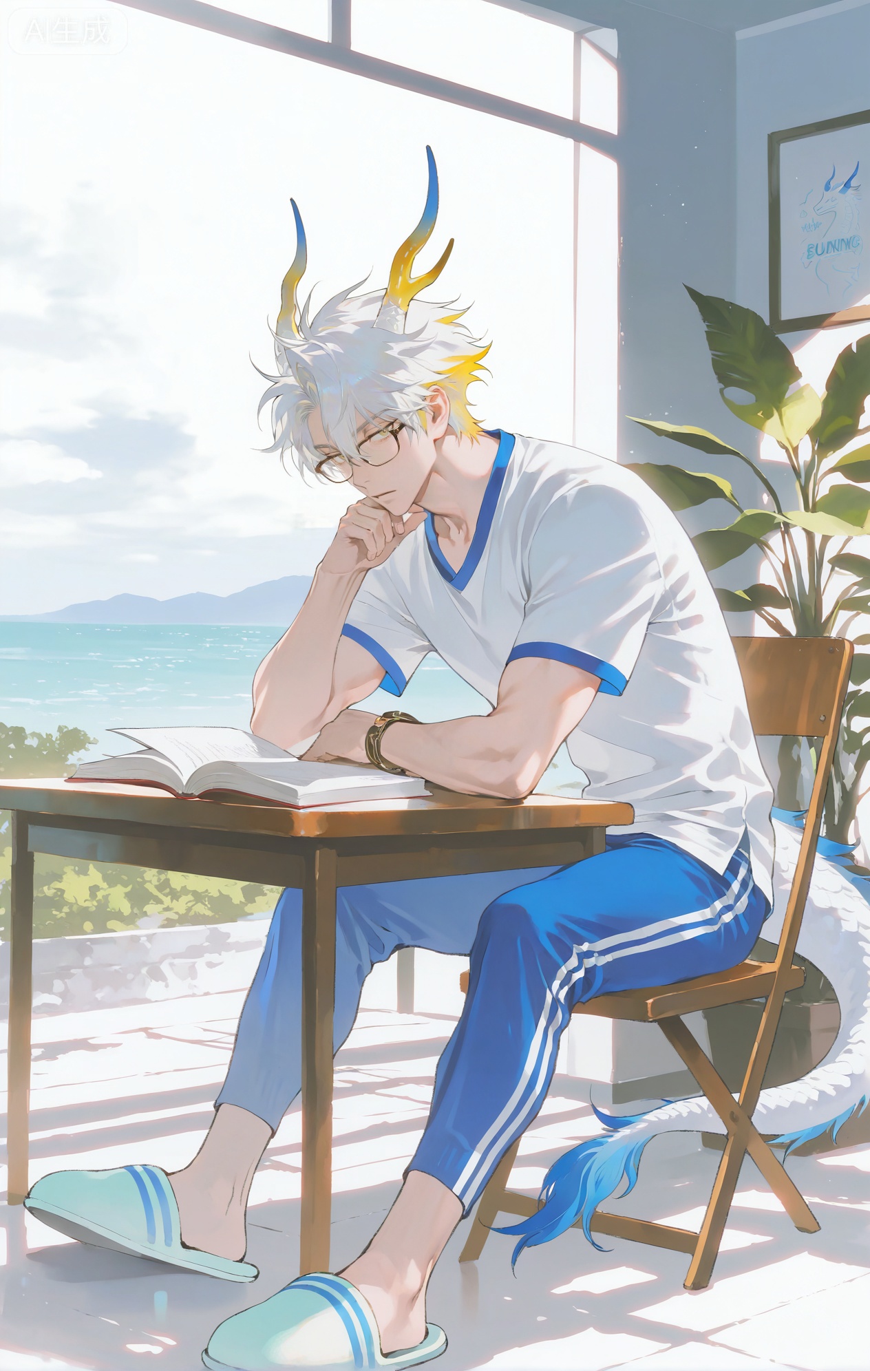 Small note art style,,xiaozhitiao,yu xuan,multicolored hair,White dragon tail,White dragon horns,yellow eyes,white hair,blonde hair,1boy,bangs



(artist:mazjojo:0.53),(artist:pigeon666:0.37),(artist:zawar379:0.57),(artist:remsrar:0.35),(artist:yoneyama mai:0.64),(yokoyari mengo:0.6),(colored pencil medium),(rei sanbonzakura),(flat color:1.2),masterpiece,best quality,highres,absurdres,extremely detailed,amazing quality,very aesthetic,ultra - detailed,scenery,depth of field,volumetric lighting,high definition,detailed eyes,detailed beautiful face and eyes,best aesthetic,good colors,bright skin,lots of details,1boy,male focus,studious air,fair skin,lean build,Anime style,(concentrated expression:1.3),(reading a book in the morning light:1.2),(intent eyes),sitting on a chair on a balcony as the sun rises,with potted plants around and a gentle morning breeze,(dynamic pose:leaning forward slightly, finger following the lines of the text),wearing a white cotton pajama shirt with navy blue stripes and matching pants,(white canvas slippers),(a pair of reading glasses on the table),intricate details,stripe pattern details,soft morning light,cel - shading,anime key visual,ultra HD,8k,Phainon