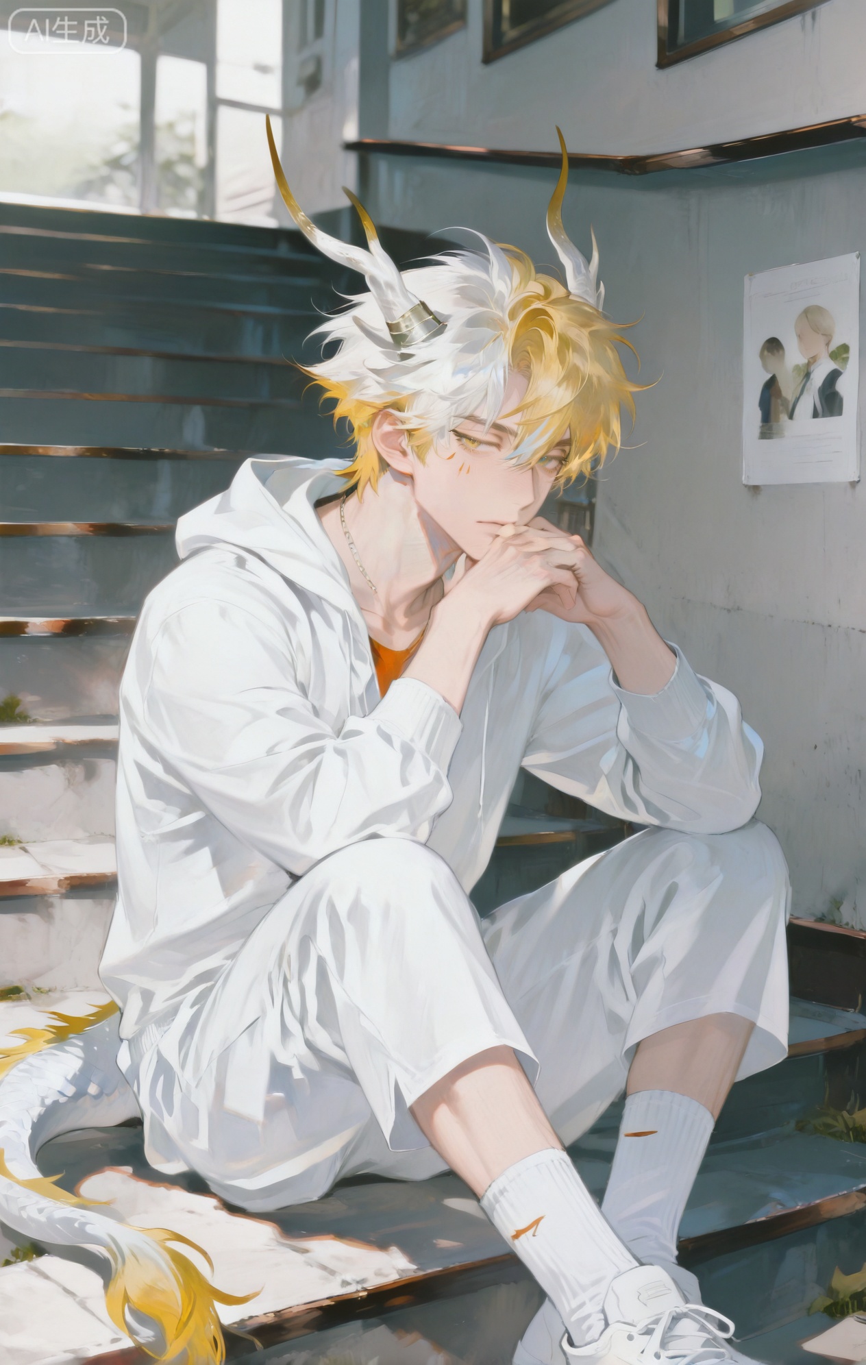 Small note art style,,xiaozhitiao,yu xuan,multicolored hair,White dragon tail,White dragon horns,yellow eyes,white hair,blonde hair,1boy,bangs



(artist:mazjojo:0.53),(artist:pigeon666:0.37),(artist:zawar379:0.57),(artist:remsrar:0.35),(artist:yoneyama mai:0.64),(yokoyari mengo:0.6),(colored pencil medium),(rei sanbonzakura),(flat color:1.2),masterpiece,best quality,highres,absurdres,extremely detailed,amazing quality,very aesthetic,ultra - detailed,scenery,depth of field,volumetric lighting,high definition,detailed eyes,detailed beautiful face and eyes,best aesthetic,good colors,bright skin,lots of details,1boy,male focus,thoughtful demeanor,smooth skin,medium - slender build,Anime style,(pensive expression:1.3),(sitting on the stairs lost in thought:1.2),(distant eyes),sitting on a carpeted staircase in a quiet house,with a dim light on the landing,(dynamic pose:elbows on knees, chin in hands),wearing a gray, fleece - lined pajama set with a hood,(gray woolen socks),(a family photo on the wall in the background),intricate details,fleece texture details,soft,shadowy lighting,cel - shading,anime key visual,ultra HD,8k,Phainon