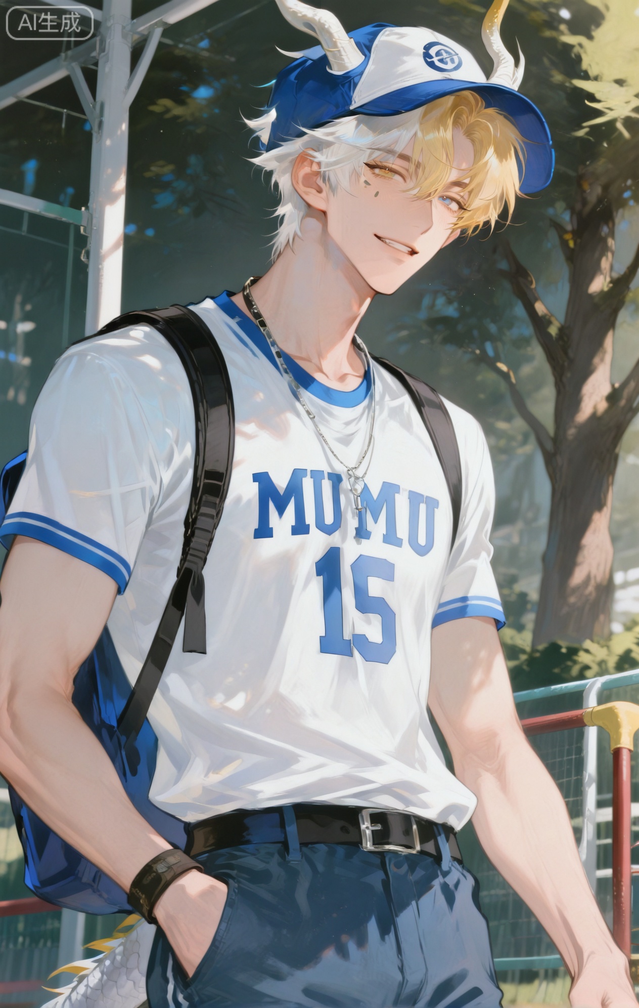 Small note art style,,xiaozhitiao,yu xuan,multicolored hair,White dragon tail,White dragon horns,yellow eyes,white hair,blonde hair,1boy,bangs


(artist:mazjojo:0.53),(artist:pigeon666:0.37),(artist:zawar379:0.57),(artist:remsrar:0.35),(artist:yoneyama mai:0.64),(yokoyari mengo:0.6),(colored pencil medium),(rei sanbonzakura),(flat color:1.2),masterpiece,best quality,highres,absurdres,extremely detailed,amazing quality,very aesthetic,ultra - detailed,scenery,depth of field,volumetric lighting,high definition,detailed eyes,detailed beautiful face and eyes,best aesthetic,good colors,bright skin,lots of details,1boy,male focus,carefree look,rosy - cheeked skin,medium build,Anime style,(smiling expression:1.3),(wandering around the school playground:1.2),(playful eyes),walking around a grassy school playground with a basketball court and a group of students playing nearby,(dynamic pose:kicking a small pebble as he walks),wearing a red and white striped long - sleeved shirt tied around the waist, a white crew - neck tee, blue denim jeans, white high - top sneakers,a school ID card hanging from a lanyard around his neck,a backpack with pins and patches,a sports cap on his head, intricate details,striped and denim details,school - yard lighting,cel - shading,anime key visual,ultra HD,8k,Phainon