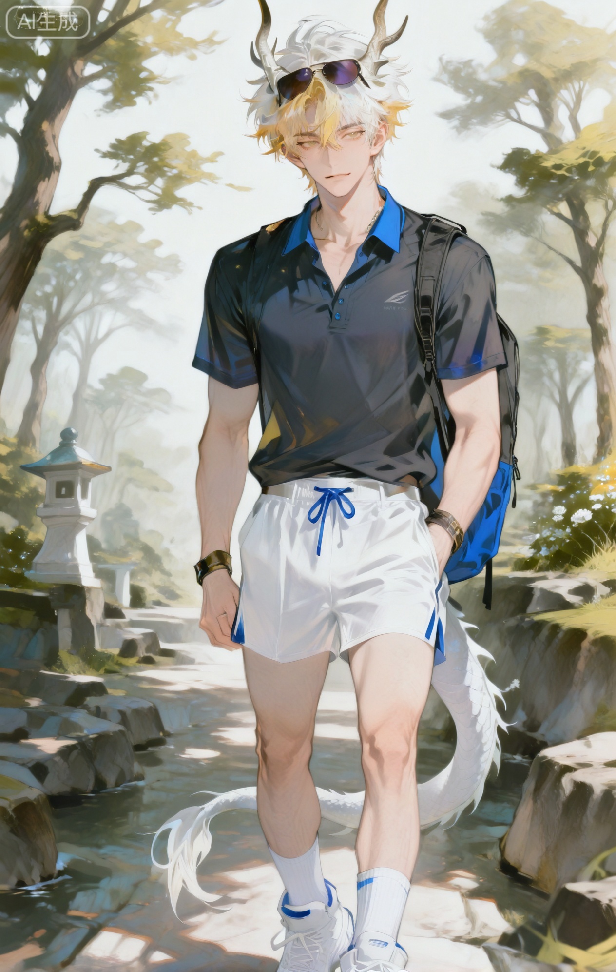 Small note art style,,xiaozhitiao,yu xuan,multicolored hair,White dragon tail,White dragon horns,yellow eyes,white hair,blonde hair,1boy,bangs



(artist:mazjojo:0.53),(artist:pigeon666:0.37),(artist:zawar379:0.57),(artist:remsrar:0.35),(artist:yoneyama mai:0.64),(yokoyari mengo:0.6),(colored pencil medium),(rei sanbonzakura),(flat color:1.2),masterpiece,best quality,highres,absurdres,extremely detailed,amazing quality,very aesthetic,ultra - detailed,scenery,depth of field,volumetric lighting,high definition,detailed eyes,detailed beautiful face and eyes,best aesthetic,good colors,bright skin,lots of details,1boy,male focus,laid - back appearance,smooth skin,athletic build,Anime style,(relaxed expression:1.3),(strolling through the park:1.2),(content eyes),walking along a tree - lined path in a park filled with blooming flowers and a small pond in the distance,(dynamic pose:hands in pockets, taking in the scenery),wearing a light - blue short - sleeved polo shirt, white linen shorts, white sneakers with blue laces,a pair of aviator sunglasses on his head,a brown leather belt with a simple buckle,a small backpack slung over one shoulder, intricate details,blue - and - white color palette,soft sunlight,cel - shading,anime key visual,ultra HD,8k,Phainon