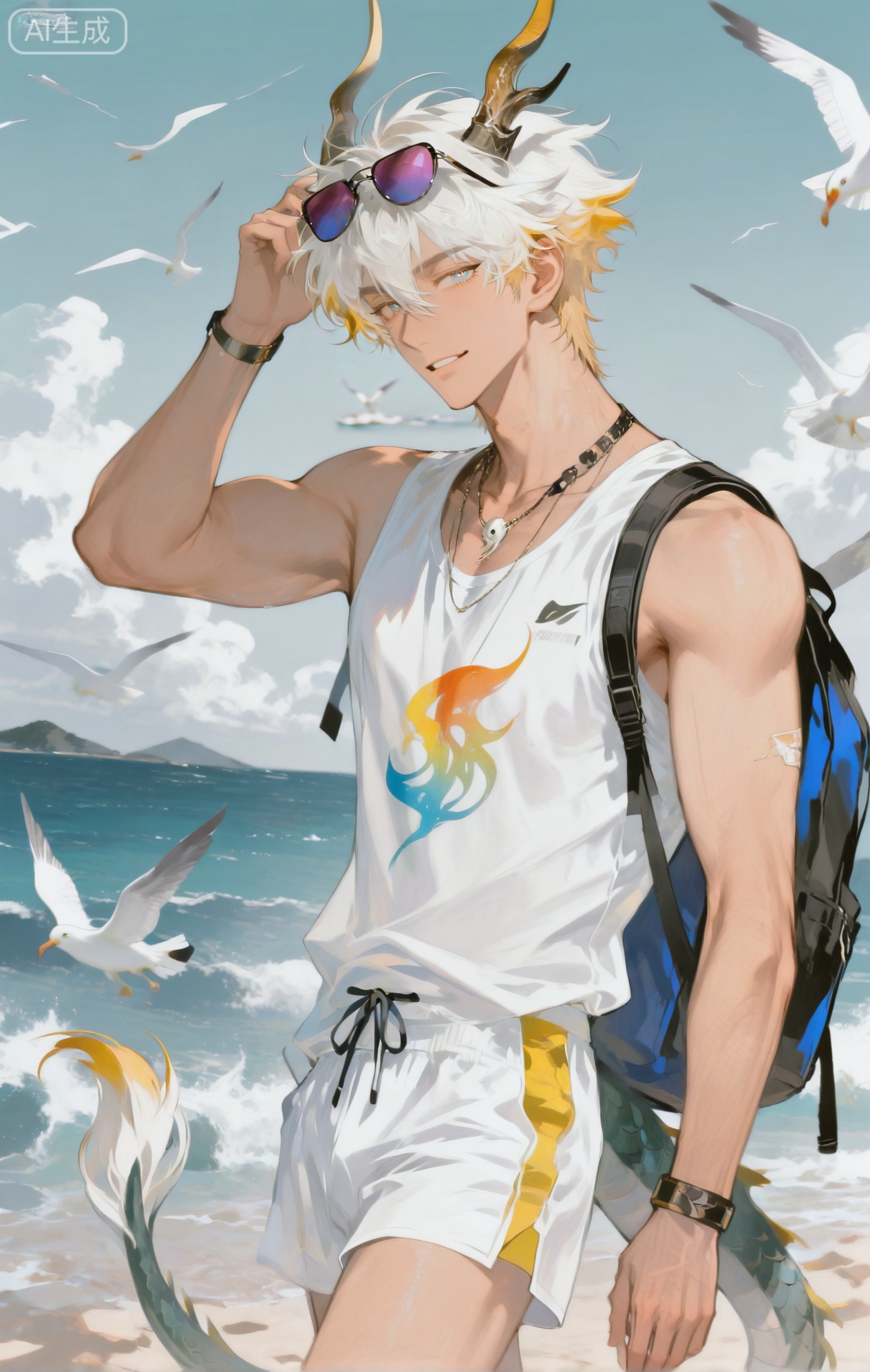 Small note art style,,xiaozhitiao,yu xuan,multicolored hair,White dragon tail,White dragon horns,yellow eyes,white hair,blonde hair,1boy,bangs



(artist:mazjojo:0.53),(artist:pigeon666:0.37),(artist:zawar379:0.57),(artist:remsrar:0.35),(artist:yoneyama mai:0.64),(yokoyari mengo:0.6),(colored pencil medium),(rei sanbonzakura),(flat color:1.2),masterpiece,best quality,highres,absurdres,extremely detailed,amazing quality,very aesthetic,ultra - detailed,scenery,depth of field,volumetric lighting,high definition,detailed eyes,detailed beautiful face and eyes,best aesthetic,good colors,bright skin,lots of details,1boy,male focus,energetic and sunny,tan skin,athletic build,Anime style,(cheerful expression:1.3),(walking on the beach:1.2),(sparkling eyes),walking on a sandy beach with the ocean waves crashing nearby, seagulls flying overhead,(dynamic pose:strolling with one hand shielding the sun, the other swinging freely),wearing a loose - fitting, tropical - print button - down shirt left open over a white **** top, khaki board shorts, flip - flops,a pair of colorful surfboard - printed sunglasses,a shell - adorned necklace,a small beach towel draped over one shoulder, intricate details,tropical color palette,bright sunlight,cel - shading,anime key visual,ultra HD,8k,Phainon,socks,white socks