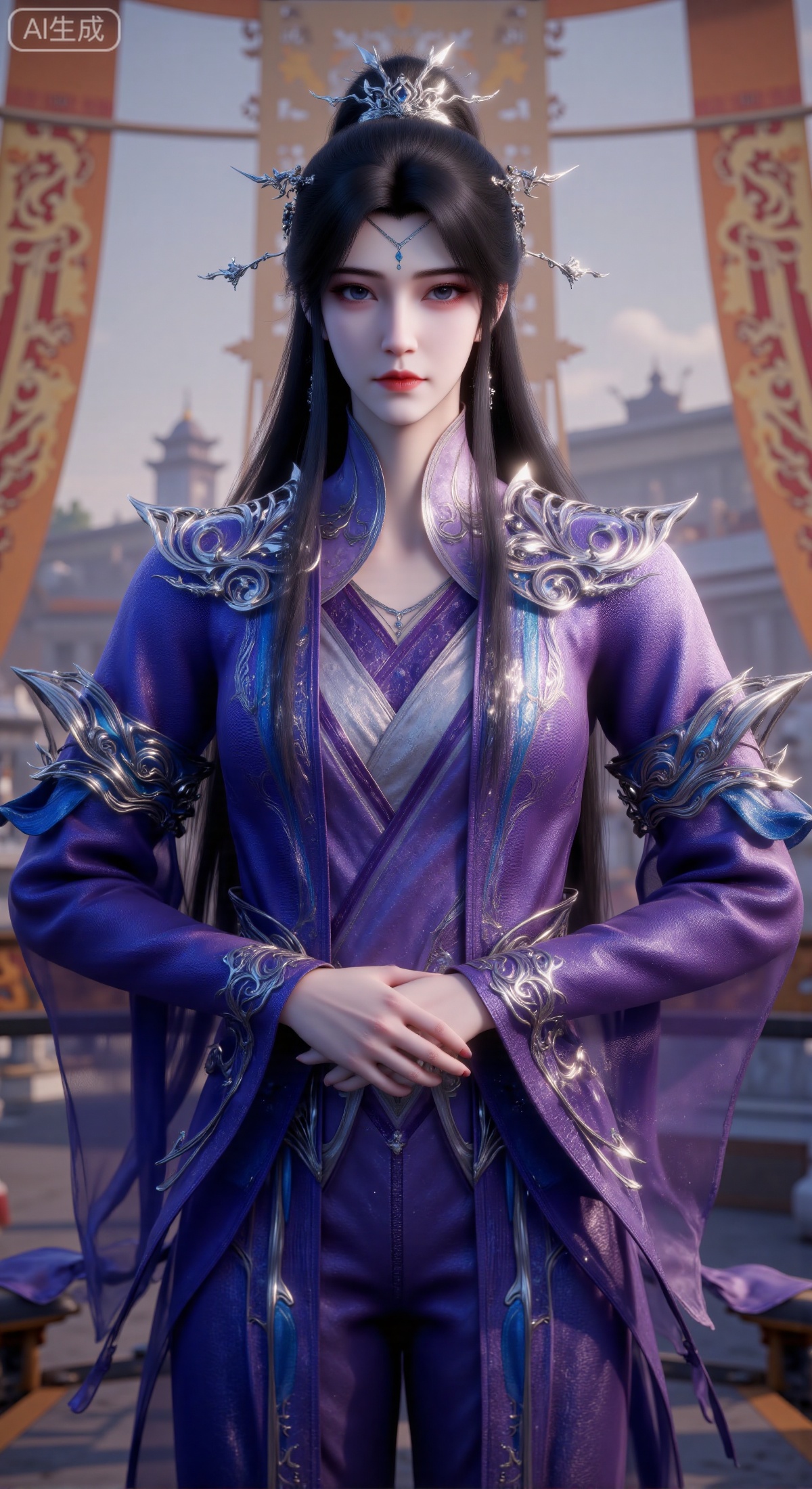 (masterpiece, best quality, ultra-detailed, 8K, best 3D rendering), a full-body portrait of a handsome young East Asian male character in gufeng/xianxia style. He has sharp, determined facial features with a calm yet resolute expression, and long black hair tied in a high bun secured by an intricate and unique silver crown and delicate hair accessories. He is wearing luxurious, elegant traditional robes predominantly in deep purple with exquisite silver and bright blue patterns, shoulder armor, and fine fabric texture. His hands are folded gracefully in front of his abdomen. The background is a softly blurred, warm-toned striped pattern (resembling distant buildings or wooden structures), creating a strong contrast with the cool-toned character and highlighting the subject. Centered composition. The overall color palette is cool, dominated by mysterious purple and pristine silver, accented by vibrant blue. The atmosphere is noble, mysterious, and elegant. Dramatic studio lighting, sharp focus, Unreal Engine 5 render, concept art.
