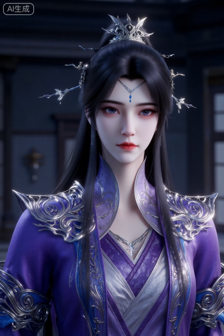 (masterpiece, best quality, ultra-detailed, 8K), a handsome young male character in ancient Chinese style (gufeng), with a fair complexion and delicate features. His long black hair is partially tied up and adorned with an exquisite silver crown and hair accessories. He has a calm, serene expression, with a striking blue mark on his forehead and subtle red lips. He is wearing luxurious, layered purple robes with intricate silver patterns embroidered on the collar and cuffs. The background is a dark, muted tone, creating a mysterious and elegant atmosphere. The composition focuses on the character, emphasizing his classical, noble demeanor. The color scheme is dominated by shades of purple and silver, creating a vivid contrast and rich layers. Dramatic lighting, sharp focus.
