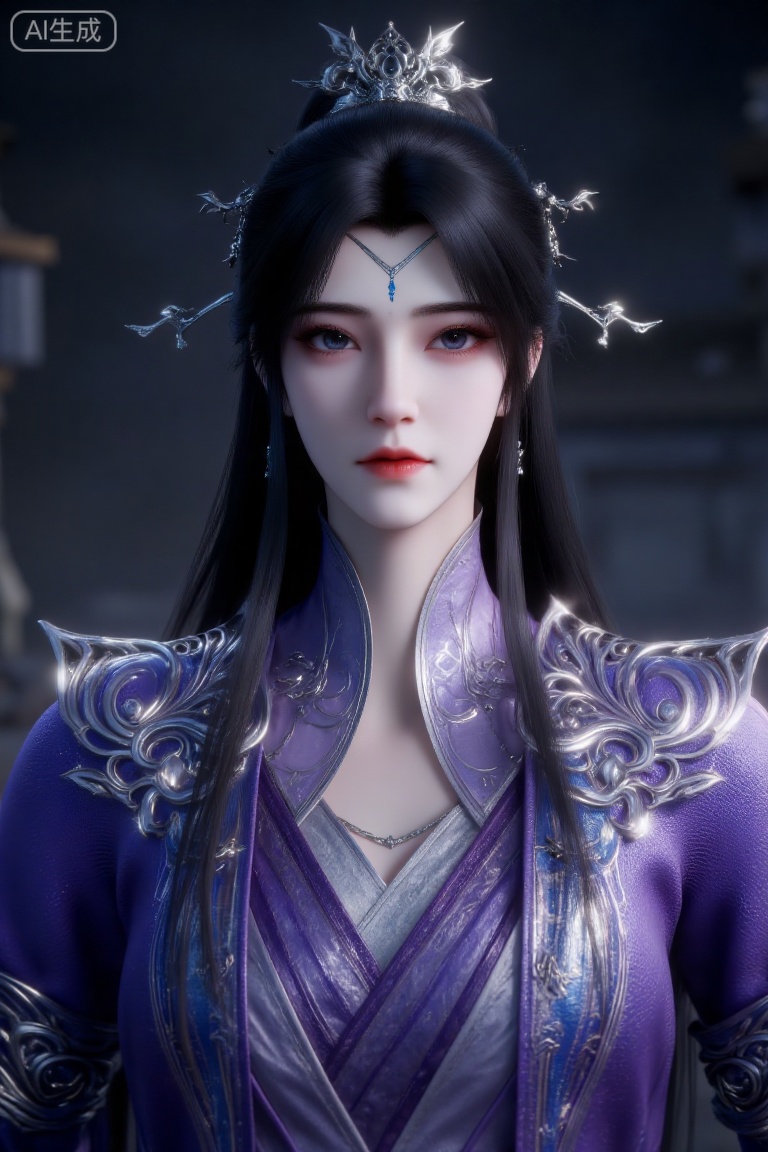 (masterpiece, best quality, ultra-detailed, 8K), a handsome young male character in ancient Chinese style (gufeng), with a fair complexion and delicate features. His long black hair is partially tied up and adorned with an exquisite silver crown and hair accessories. He has a calm, serene expression, with a striking blue mark on his forehead and subtle red lips. He is wearing luxurious, layered purple robes with intricate silver patterns embroidered on the collar and cuffs. The background is a dark, muted tone, creating a mysterious and elegant atmosphere. The composition focuses on the character, emphasizing his classical, noble demeanor. The color scheme is dominated by shades of purple and silver, creating a vivid contrast and rich layers. Dramatic lighting, sharp focus.
