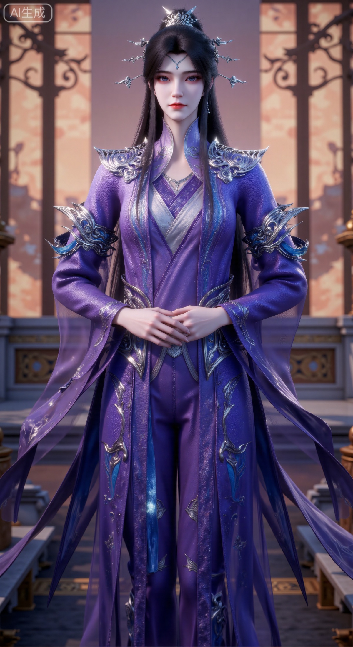 (masterpiece, best quality, ultra-detailed, 8K, best 3D rendering), a full-body portrait of a handsome young East Asian male character in gufeng/xianxia style. He has sharp, determined facial features with a calm yet resolute expression, and long black hair tied in a high bun secured by an intricate and unique silver crown and delicate hair accessories. He is wearing luxurious, elegant traditional robes predominantly in deep purple with exquisite silver and bright blue patterns, shoulder armor, and fine fabric texture. His hands are folded gracefully in front of his abdomen. The background is a softly blurred, warm-toned striped pattern (resembling distant buildings or wooden structures), creating a strong contrast with the cool-toned character and highlighting the subject. Centered composition. The overall color palette is cool, dominated by mysterious purple and pristine silver, accented by vibrant blue. The atmosphere is noble, mysterious, and elegant. Dramatic studio lighting, sharp focus, Unreal Engine 5 render, concept art.
