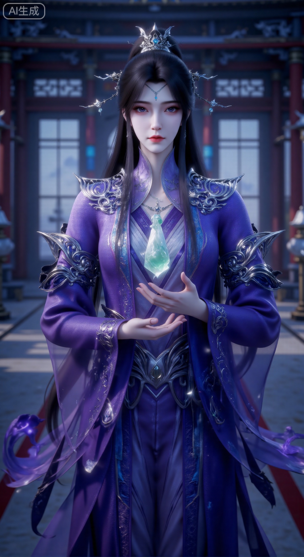 (masterpiece, best quality, ultra-detailed, 8K), a full-body portrait of a coldly elegant and mysterious female cultivator from a xianxia (immortal heroes) setting. She has a pale complexion, sharp, piercing eyes, and long black hair styled in a high bun secured by an intricate and ornate silver crown and hairpins. She is wearing luxurious, flowing long robes in a dominant color of deep purple that shimmers with a subtle blue iridescence. The robes are exquisitely decorated with intricate silver patterns on the shoulders and cuffs. The focal point is a glowing, luminous jade pendant levitating just in front of her chest. Her left hand is raised, palm open, as if channeling energy to or gently supporting the pendant. The background is a softly blurred interior of a traditional Chinese-style hall, with the silhouettes of pillars visible. Centered composition. The overall color palette is cool, dominated by purples, blues, and silvers, creating a mysterious, noble, and powerful atmosphere. Dramatic lighting, sharp focus, concept art.,zxm