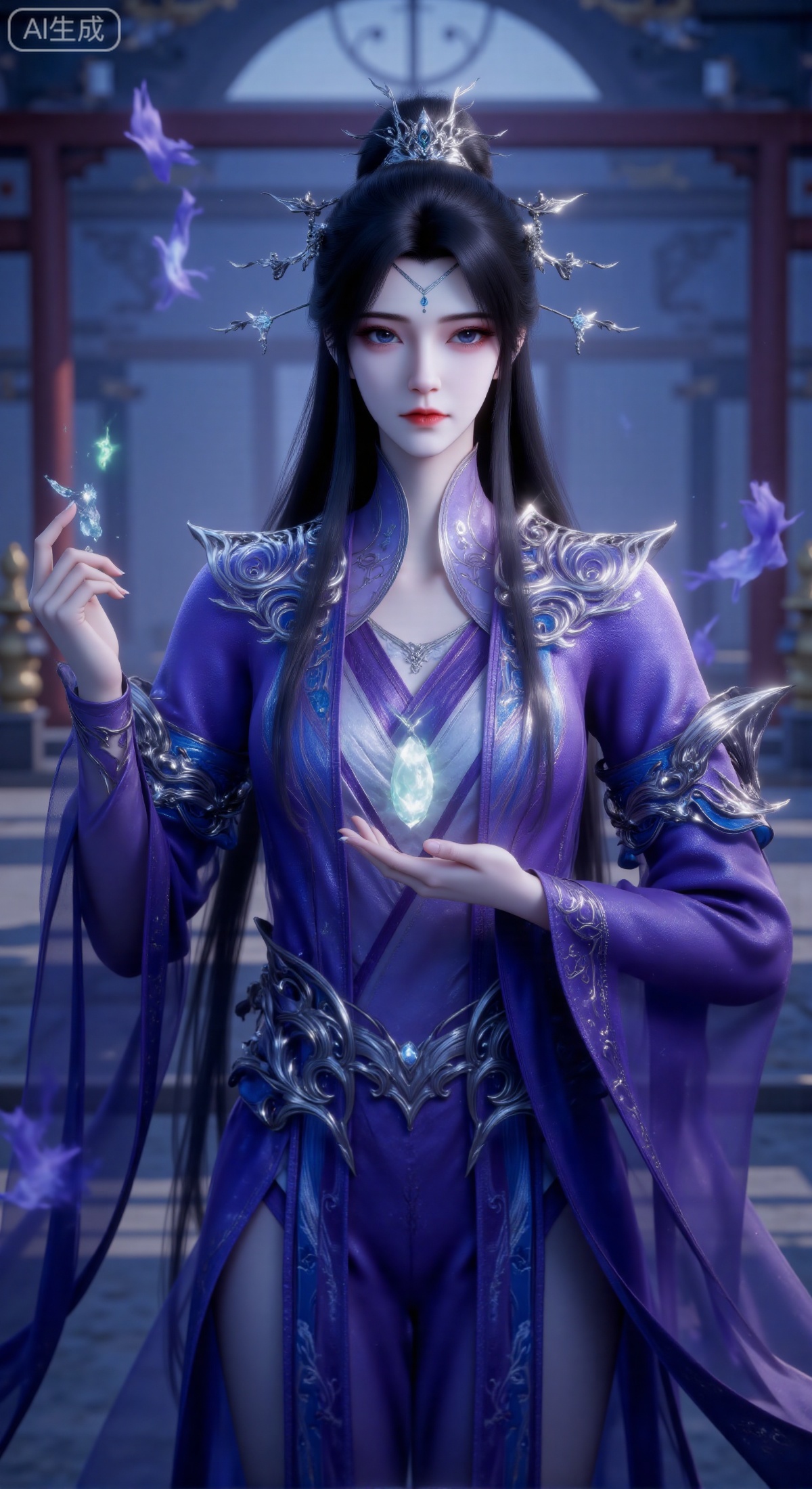 (masterpiece, best quality, ultra-detailed, 8K), a full-body portrait of a coldly elegant and mysterious female cultivator from a xianxia (immortal heroes) setting. She has a pale complexion, sharp, piercing eyes, and long black hair styled in a high bun secured by an intricate and ornate silver crown and hairpins. She is wearing luxurious, flowing long robes in a dominant color of deep purple that shimmers with a subtle blue iridescence. The robes are exquisitely decorated with intricate silver patterns on the shoulders and cuffs. The focal point is a glowing, luminous jade pendant levitating just in front of her chest. Her left hand is raised, palm open, as if channeling energy to or gently supporting the pendant. The background is a softly blurred interior of a traditional Chinese-style hall, with the silhouettes of pillars visible. Centered composition. The overall color palette is cool, dominated by purples, blues, and silvers, creating a mysterious, noble, and powerful atmosphere. Dramatic lighting, sharp focus, concept art.,zxm