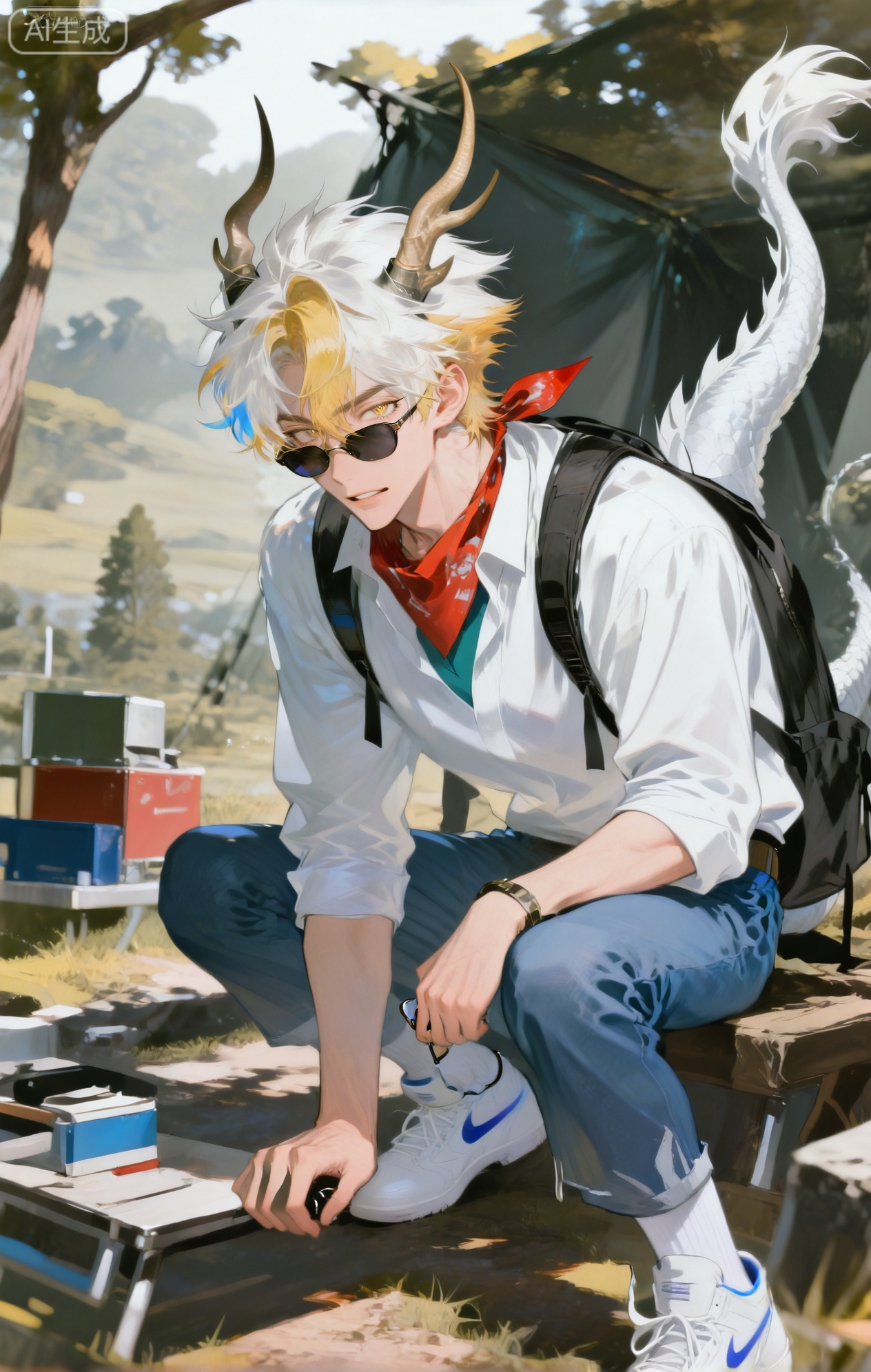 Small note art style,,xiaozhitiao,yu xuan,multicolored hair,White dragon tail,White dragon horns,yellow eyes,white hair,blonde hair,1boy,bangs


(artist:mazjojo:0.53),(artist:pigeon666:0.37),(artist:zawar379:0.57),(artist:remsrar:0.35),(artist:yoneyama mai:0.64),(yokoyari mengo:0.6),(colored pencil medium),(rei sanbonzakura),(flat color:1.2),masterpiece,best quality,highres,absurdres,extremely detailed,amazing quality,very aesthetic,ultra - detailed,scenery,depth of field,volumetric lighting,high definition,detailed eyes,detailed beautiful face and eyes,best aesthetic,good colors,bright skin,lots of details,1boy,male focus,excited look,rosy - cheeked skin,medium build,Anime style,(eager expression:1.3),(looking at different tents:1.2),(sparkling eyes),inside an outdoor 露营商店,tents of various sizes and colors on display, camping stoves and sleeping bags nearby,(dynamic pose:bent over, unzipping a tent to check its interior),wearing a light - blue flannel shirt over a white tee, blue jeans, white sneakers with blue laces,a red bandana around his neck,a backpack slung over one shoulder,a pair of sunglasses pushed onto his head, intricate details,flannel pattern details,soft store lighting,cel - shading,anime key visual,ultra HD,8k,Phainon