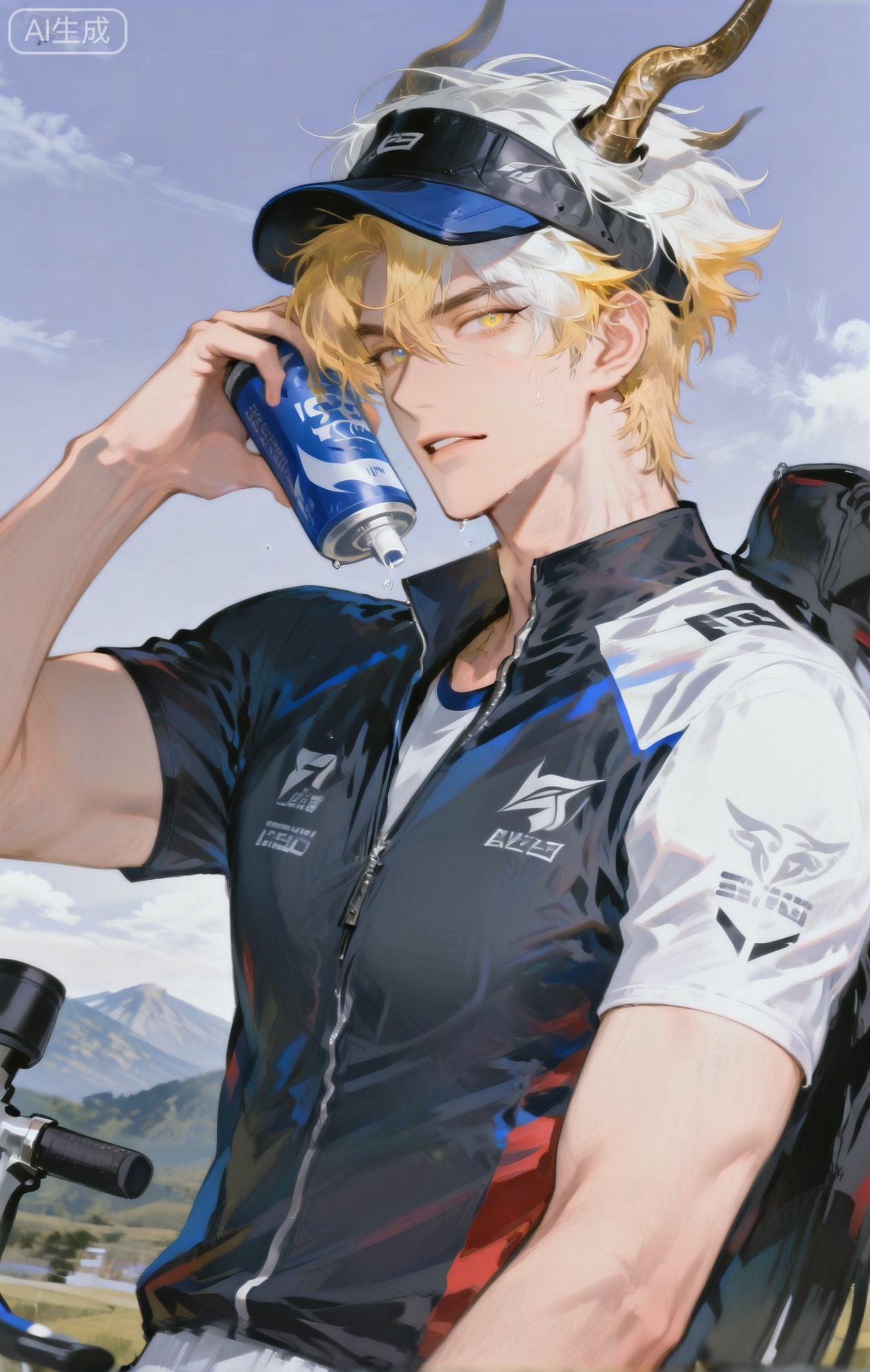 Small note art style,,xiaozhitiao,yu xuan,multicolored hair,White dragon tail,White dragon horns,yellow eyes,white hair,blonde hair,1boy,bangs


(artist:mazjojo:0.53),(artist:pigeon666:0.37),(artist:zawar379:0.57),(artist:remsrar:0.35),(artist:yoneyama mai:0.64),(yokoyari mengo:0.6),(colored pencil medium),(rei sanbonzakura),(flat color:1.2),masterpiece,best quality,highres,absurdres,extremely detailed,amazing quality,very aesthetic,ultra - detailed,scenery,depth of field,volumetric lighting,high definition,detailed eyes,detailed beautiful face and eyes,best aesthetic,good colors,bright skin,lots of details,1boy,male focus,energetic look,healthy - looking skin,muscular build,Anime style,(enthusiastic expression:1.3),(straddling a mountain bike:1.2),(fiery eyes),in an outdoor 骑行商店,a large display of mountain bikes, cycling accessories on shelves around,(dynamic pose:holding the handlebars, ready to test - ride the bike),wearing a black and red cycling jersey, black padded cycling shorts, white high - top cycling shoes,a cycling helmet with a bold design,a pair of cycling gloves,a water bottle in the bike's holder, intricate details,black - red color palette,store showroom lighting,cel - shading,anime key visual,ultra HD,8k,Phainon