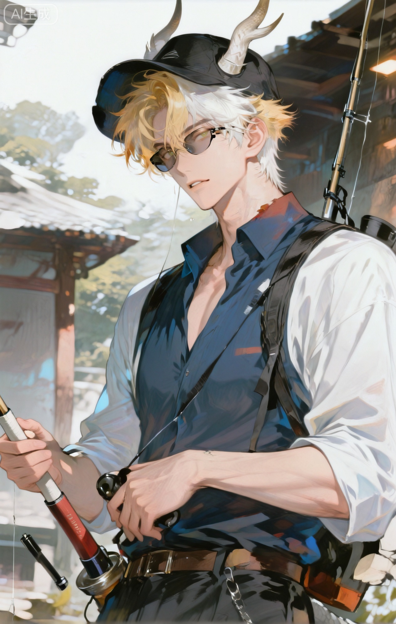 Small note art style,,xiaozhitiao,yu xuan,multicolored hair,White dragon tail,White dragon horns,yellow eyes,white hair,blonde hair,1boy,bangs


(artist:mazjojo:0.53),(artist:pigeon666:0.37),(artist:zawar379:0.57),(artist:remsrar:0.35),(artist:yoneyama mai:0.64),(yokoyari mengo:0.6),(colored pencil medium),(rei sanbonzakura),(flat color:1.2),masterpiece,best quality,highres,absurdres,extremely detailed,amazing quality,very aesthetic,ultra - detailed,scenery,depth of field,volumetric lighting,high definition,detailed eyes,detailed beautiful face and eyes,best aesthetic,good colors,bright skin,lots of details,1boy,male focus,passionate look,smooth skin,slender build,Anime style,(intent expression:1.3),(comparing fishing rods:1.2),(concentrated eyes),in an outdoor 垂钓用品store, walls lined with fishing rods, bait containers, and tackle boxes,(dynamic pose:holding two fishing rods, weighing them in his hands),wearing a gray long - sleeved fishing shirt with a fish - scale pattern, black fishing pants, brown fishing boots,a fishing hat with a wide brim,a tackle box in one hand,a pair of polarized sunglasses, intricate details,fish - scale pattern details,bright store lighting,cel - shading,anime key visual,ultra HD,8k,Phainon