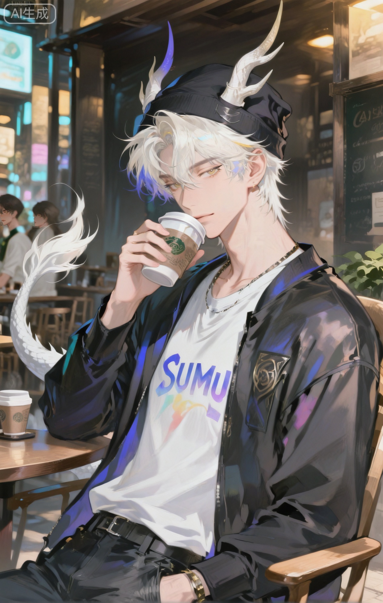 Small note art style,,xiaozhitiao,yu xuan,multicolored hair,White dragon tail,White dragon horns,yellow eyes,white hair,blonde hair,1boy,bangs


(artist:mazjojo:0.53),(artist:pigeon666:0.37),(artist:zawar379:0.57),(artist:remsrar:0.35),(artist:yoneyama mai:0.64),(yokoyari mengo:0.6),(colored pencil medium),(rei sanbonzakura),(flat color:1.2),masterpiece,best quality,highres,absurdres,extremely detailed,amazing quality,very aesthetic,ultra - detailed,scenery,depth of field,volumetric lighting,high definition,detailed eyes,detailed beautiful face and eyes,best aesthetic,good colors,bright skin,lots of details,1boy,male focus,casual look,healthy - looking skin,slender build,Anime style,(easy - going expression:1.3),(sitting at a coffee shop table:1.2),(friendly eyes),sitting at an outdoor table of a trendy coffee shop on a busy street,people passing by, a street artist performing nearby,(dynamic pose:leaning back in the chair, sipping coffee),wearing a white graphic tee with a colorful, minimalist design, black skinny jeans, white low - top canvas sneakers,a black leather jacket slung over the back of the chair,a beanie on his head,a cup of coffee and a magazine on the table, intricate details,black - white - and - color accent palette,street - side lighting,cel - shading,anime key visual,ultra HD,8k,Phainon