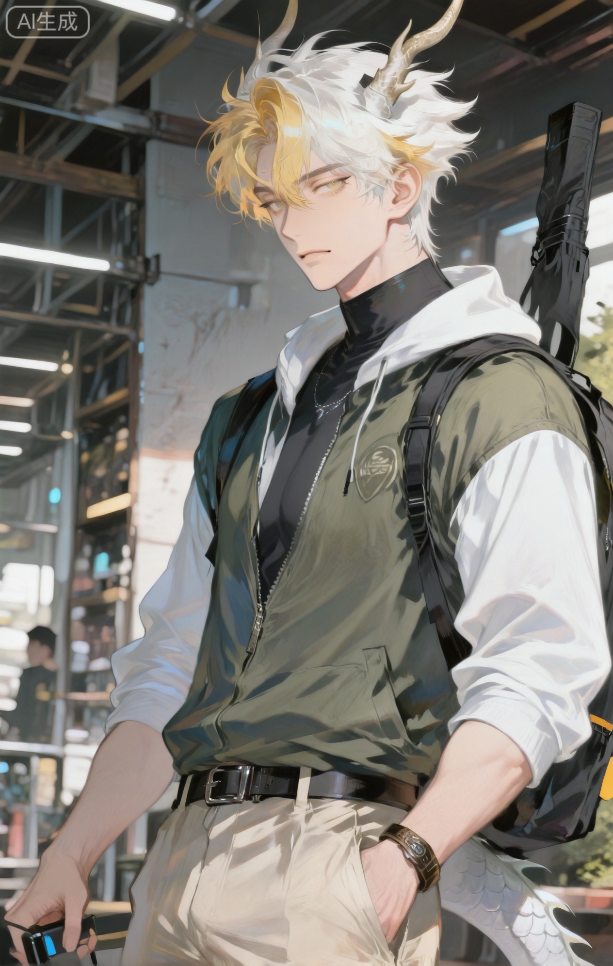 Small note art style,,xiaozhitiao,yu xuan,multicolored hair,White dragon tail,White dragon horns,yellow eyes,white hair,blonde hair,1boy,bangs


(artist:mazjojo:0.53),(artist:pigeon666:0.37),(artist:zawar379:0.57),(artist:remsrar:0.35),(artist:yoneyama mai:0.64),(yokoyari mengo:0.6),(colored pencil medium),(rei sanbonzakura),(flat color:1.2),masterpiece,best quality,highres,absurdres,extremely detailed,amazing quality,very aesthetic,ultra - detailed,scenery,depth of field,volumetric lighting,high definition,detailed eyes,detailed beautiful face and eyes,best aesthetic,good colors,bright skin,lots of details,1boy,male focus,thoughtful look,tan skin,athletic build,Anime style,(contemplative expression:1.3),(evaluating different backpacks:1.2),(pensive eyes),inside an outdoor 徒步用品store, a wide variety of backpacks hanging on display, hiking poles and gaiters nearby,(dynamic pose:shouldering a backpack, adjusting the straps),wearing a olive - green military - style jacket, beige cargo shorts, brown leather boots,a black belt with a large buckle,a pair of sunglasses,a small compass attached to his belt loop, intricate details,olive - beige color palette,soft store illumination,cel - shading,anime key visual,ultra HD,8k,Phainon