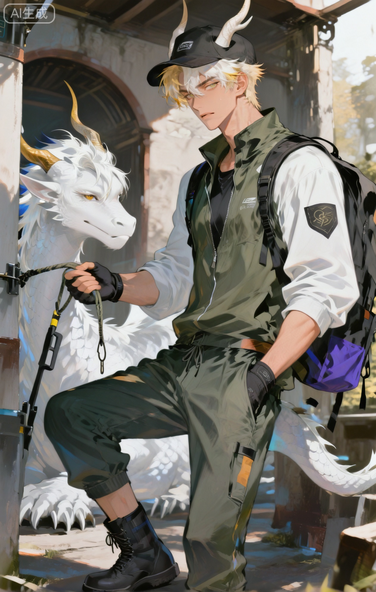 Small note art style,,xiaozhitiao,yu xuan,multicolored hair,White dragon tail,White dragon horns,yellow eyes,white hair,blonde hair,1boy,bangs


(artist:mazjojo:0.53),(artist:pigeon666:0.37),(artist:zawar379:0.57),(artist:remsrar:0.35),(artist:yoneyama mai:0.64),(yokoyari mengo:0.6),(colored pencil medium),(rei sanbonzakura),(flat color:1.2),masterpiece,best quality,highres,absurdres,extremely detailed,amazing quality,very aesthetic,ultra - detailed,scenery,depth of field,volumetric lighting,high definition,detailed eyes,detailed beautiful face and eyes,best aesthetic,good colors,bright skin,lots of details,1boy,male focus,adventurous look,tan skin,athletic build,Anime style,(intense expression:1.3),(examining a climbing rope:1.2),(focused eyes),standing in a well - stocked outdoor 登山用品store, rows of shelves filled with hiking boots, backpacks, and climbing gear,(dynamic pose:holding a coiled climbing rope, inspecting its texture),wearing a khaki - colored outdoor jacket with multiple pockets, dark green cargo pants, brown hiking boots,a black baseball cap with an adventure - themed logo,a pair of fingerless gloves,a small notebook and pen in his pocket to jot down notes, intricate details,earth - tone color palette,bright store lighting,cel - shading,anime key visual,ultra HD,8k,Phainon