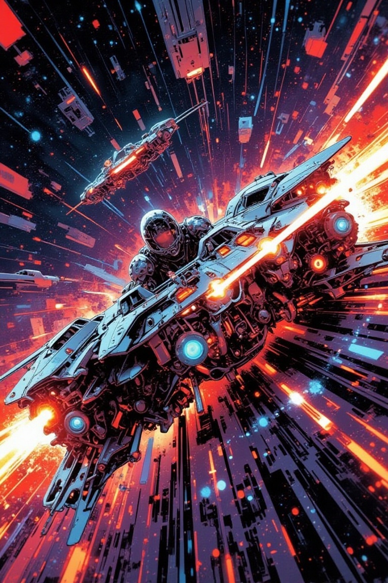 Create a comic-style retro artwork featuring a futuristic race in outer space. The scene should have an anime-inspired aes...