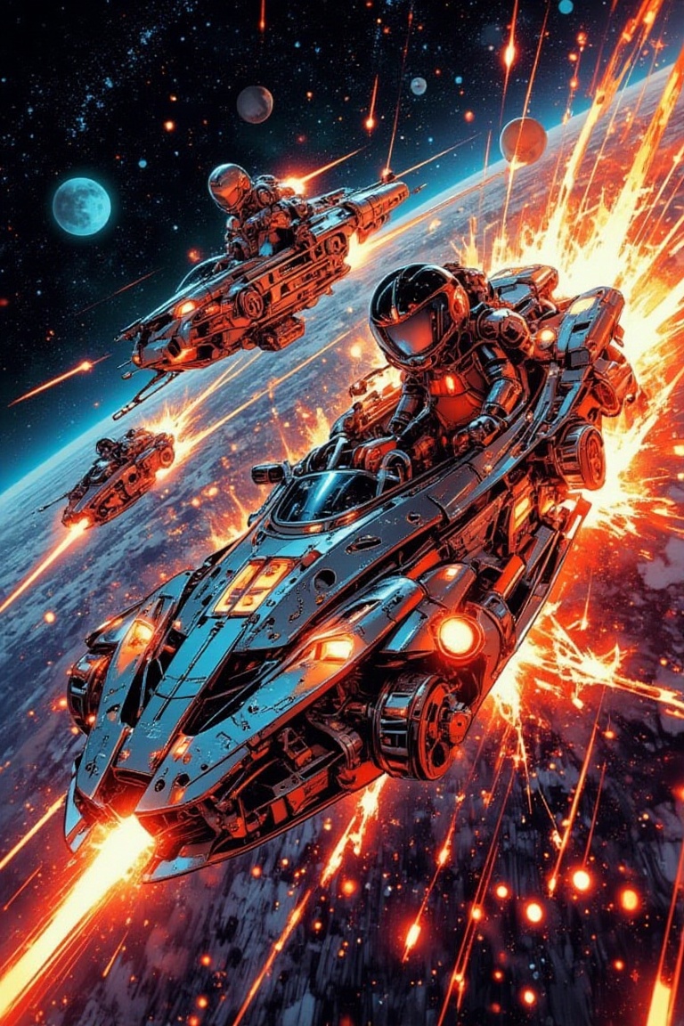 Create a comic-style retro artwork featuring a futuristic race in outer space. The scene should have an anime-inspired aes...