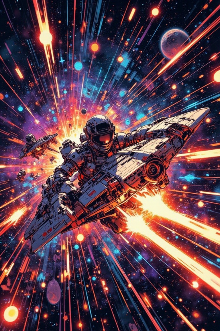 Create a comic-style retro illustration featuring a high-speed race in outer space. The environment is filled with vibrant...
