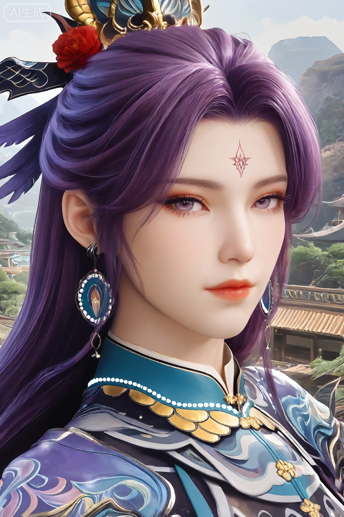 1girl, solo,mature woman,30 year old, long hair, looking at viewer, hair ornament, jewelry, closed mouth, purple hair, earrings, makeup,portrait, forehead mark,realistic
3d \(artwork\),Masterpiece, best quality, amazing quality, newest, very aesthetic, absurdres, (scenery:1.4), 8k, good anatomy, good shading, ultra detailed, refined details, high resolution, HD, masterwork,high detail ,Exquisite beauty, charming, 3D rendering,illustration,CG,