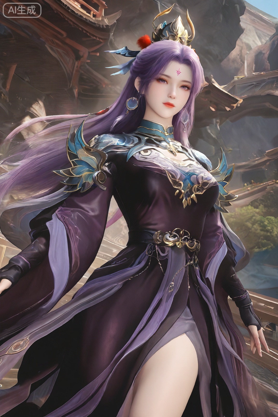 1girl, solo, long hair, looking at viewer, hair ornament, jewelry, closed mouth, purple hair, earrings, gloves, long sleeves, dress,, forehead mark,realistic
3d \(artwork\),Masterpiece, best quality, amazing quality, newest, very aesthetic, absurdres, (scenery:1.4), 8k, good anatomy, good shading, ultra detailed, refined details, high resolution, HD, masterwork,high detail ,Exquisite beauty, charming, 3D rendering,illustration,CG,
