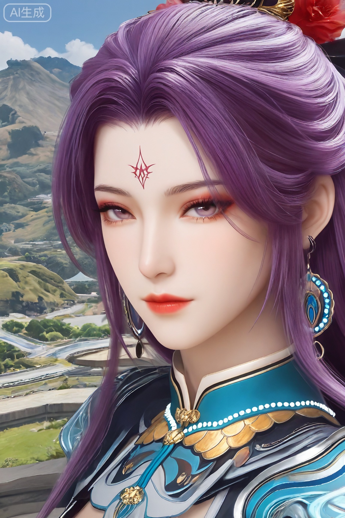 1girl, solo,mature woman,30 year old, long hair, looking at viewer, hair ornament, jewelry, closed mouth, purple hair, earrings, makeup,portrait, forehead mark,realistic
3d \(artwork\),Masterpiece, best quality, amazing quality, newest, very aesthetic, absurdres, (scenery:1.4), 8k, good anatomy, good shading, ultra detailed, refined details, high resolution, HD, masterwork,high detail ,Exquisite beauty, charming, 3D rendering,illustration,CG,
