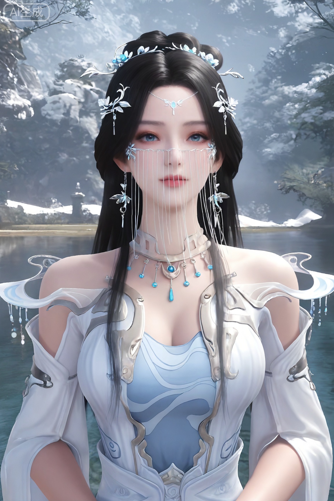 1girl, solo, long hair, looking at viewer, blue eyes, black hair, hair ornament, dress, jewelry, upper body, earrings, necklace,veil, forehead mark,realistic
3d \(artwork\),Masterpiece, best quality, amazing quality, newest, very aesthetic, absurdres, (scenery:1.4), 8k, good anatomy, good shading, ultra detailed, refined details, high resolution, HD, masterwork,high detail ,Exquisite beauty, charming, 3D rendering,illustration,CG,