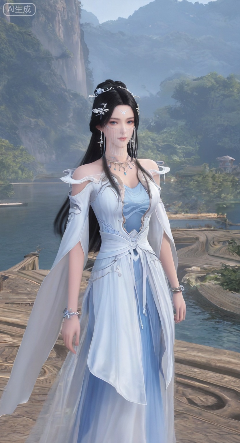 1girl, solo, long hair, looking at viewer, blue eyes, black hair, hair ornament, dress,white dress, bracelet, blue dress, jewelry, upper body, earrings, necklace,veil, forehead mark,realistic
3d \(artwork\),Masterpiece, best quality, amazing quality, newest, very aesthetic, absurdres, (scenery:1.4), 8k, good anatomy, good shading, ultra detailed, refined details, high resolution, HD, masterwork,high detail ,Exquisite beauty, charming, 3D rendering,illustration,CG,
