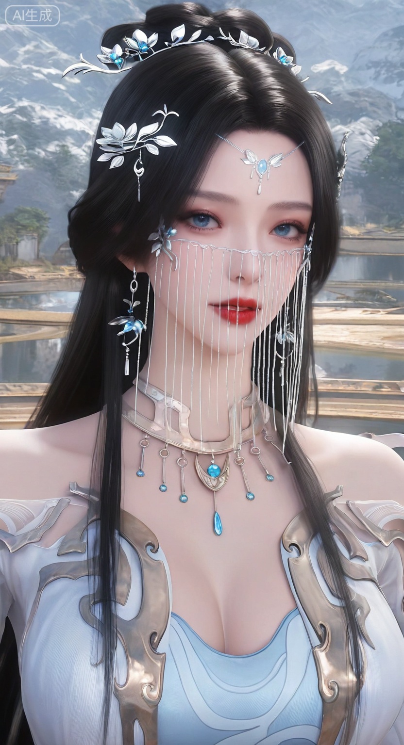 1girl, solo, long hair, looking at viewer, blue eyes, black hair, jewelry, closed mouth, parted lips, lips, gem, forehead, red lips, necklace,veil, forehead mark,realistic
3d \(artwork\),Masterpiece, best quality, amazing quality, newest, very aesthetic, absurdres, (scenery:1.4), 8k, good anatomy, good shading, ultra detailed, refined details, high resolution, HD, masterwork,high detail ,Exquisite beauty, charming, 3D rendering,illustration,CG,