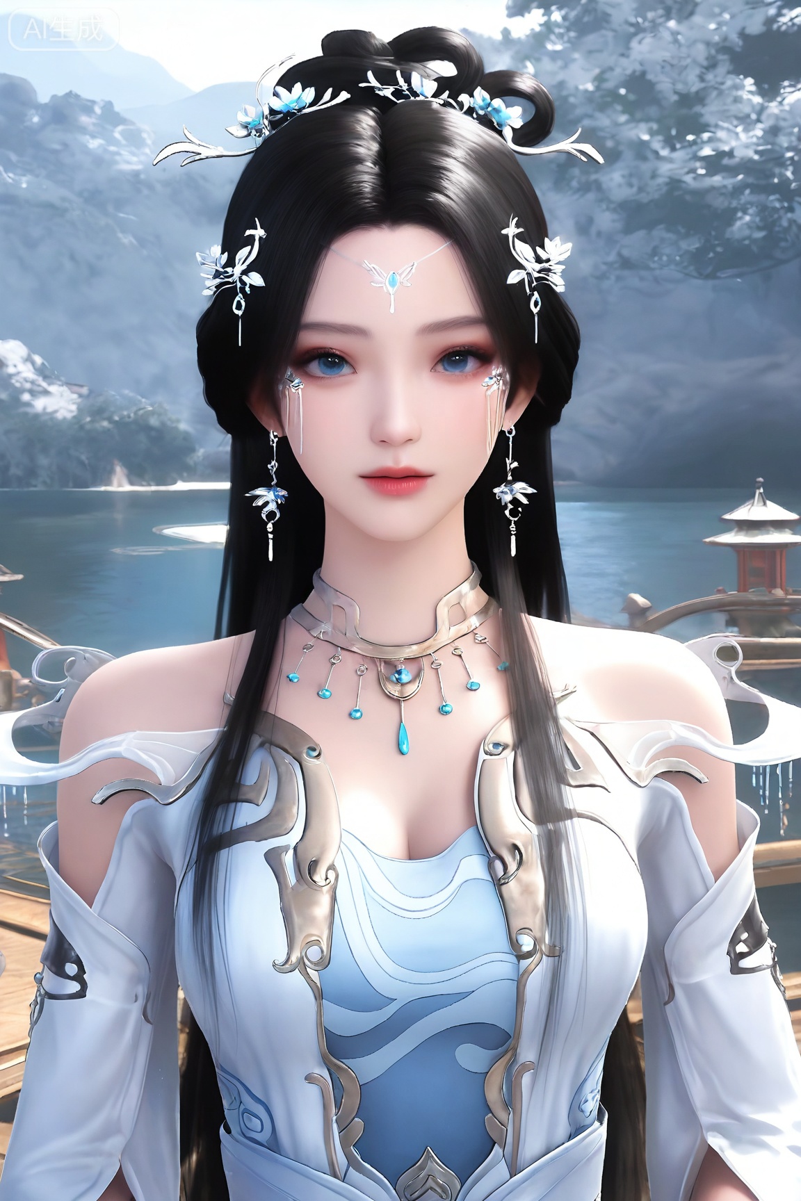 1girl, solo, long hair, looking at viewer, blue eyes, black hair, hair ornament, dress, jewelry, upper body, earrings, necklace, forehead mark,realistic
3d \(artwork\),Masterpiece, best quality, amazing quality, newest, very aesthetic, absurdres, (scenery:1.4), 8k, good anatomy, good shading, ultra detailed, refined details, high resolution, HD, masterwork,high detail ,Exquisite beauty, charming, 3D rendering,illustration,CG,