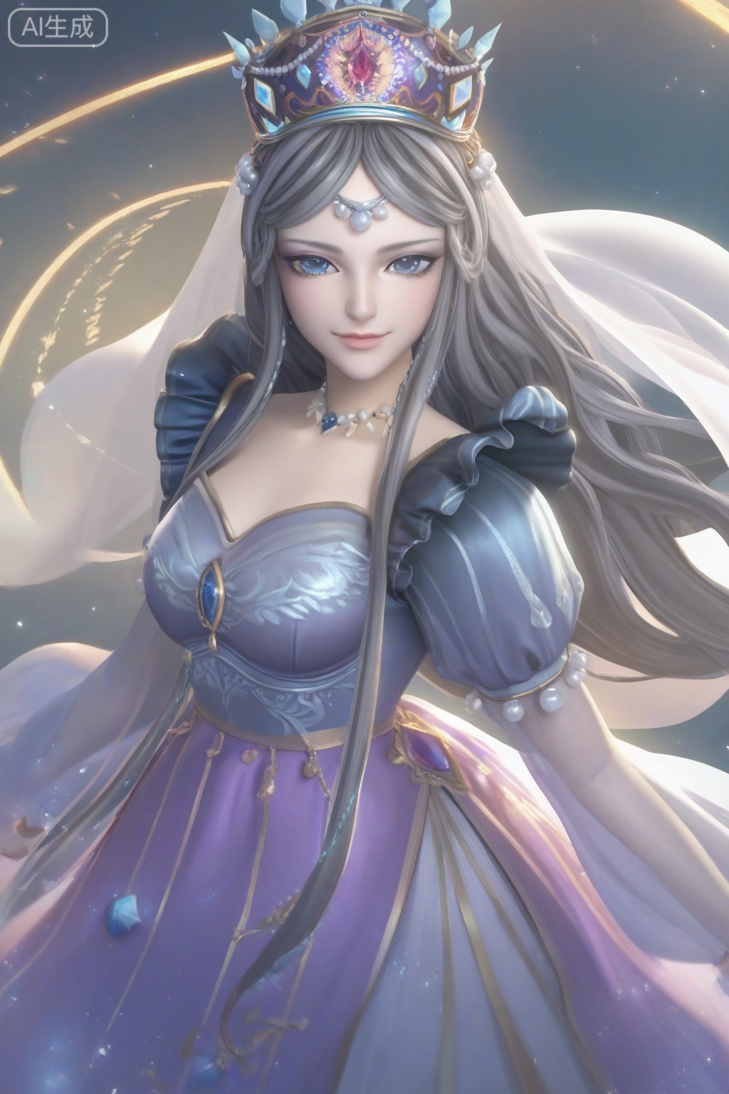 score_9,score_8_up,score_7_up,1girl,solo,long hair,looking at viewer,grey hair,blue eyes,jewelry,lips,dress,crown,smile