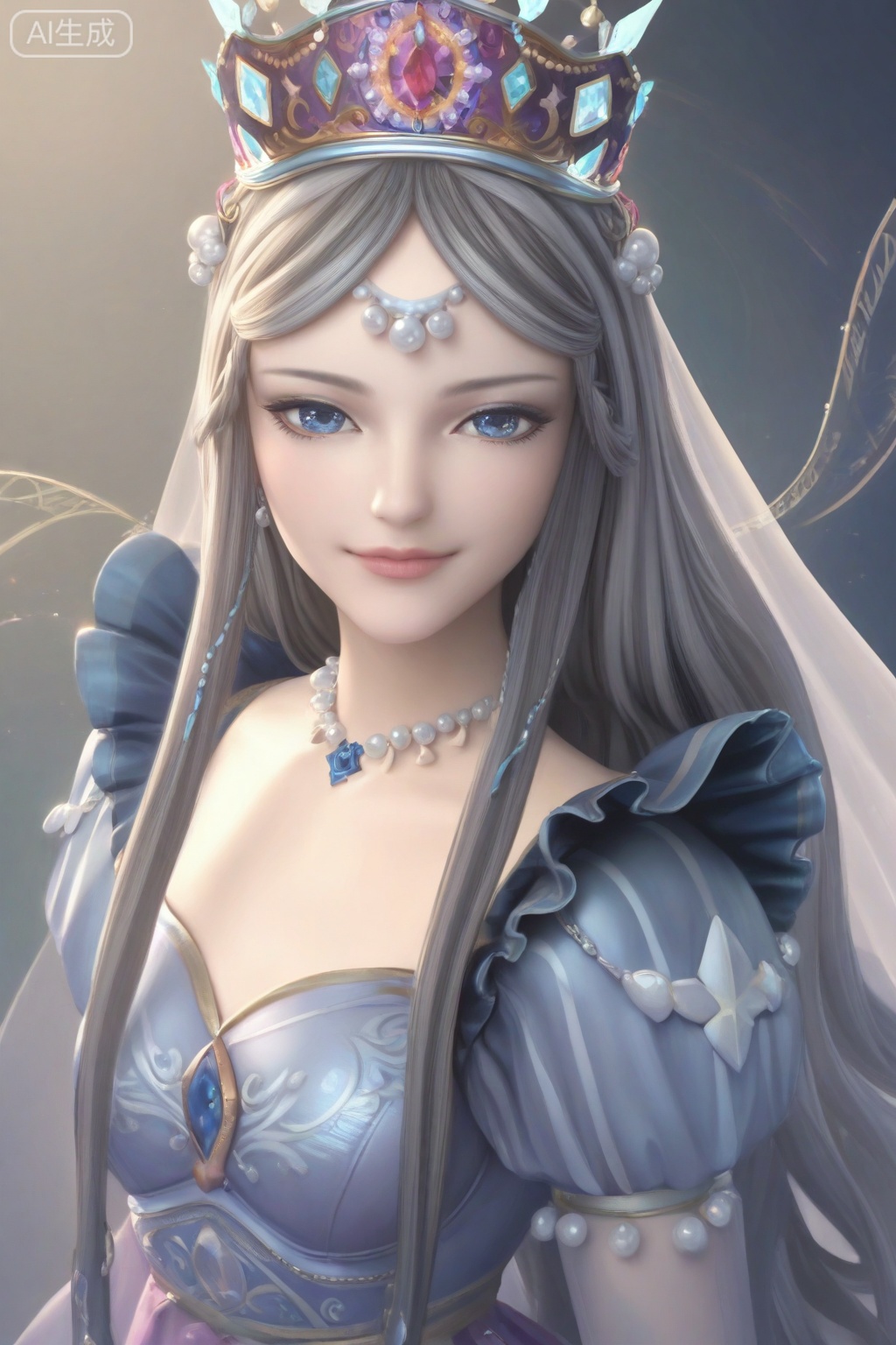 score_9,score_8_up,score_7_up,1girl,solo,long hair,looking at viewer,grey hair,blue eyes,jewelry,lips,dress,crown,smile,realism