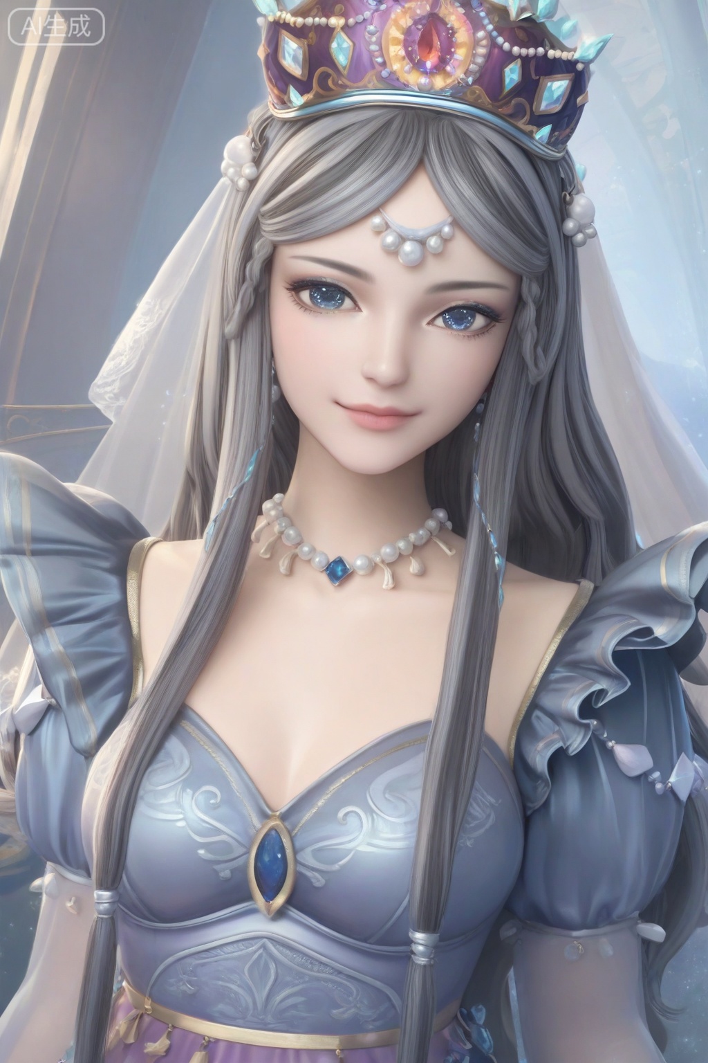 score_9,score_8_up,score_7_up,1girl,solo,long hair,looking at viewer,grey hair,blue eyes,jewelry,lips,dress,crown,smile,realism