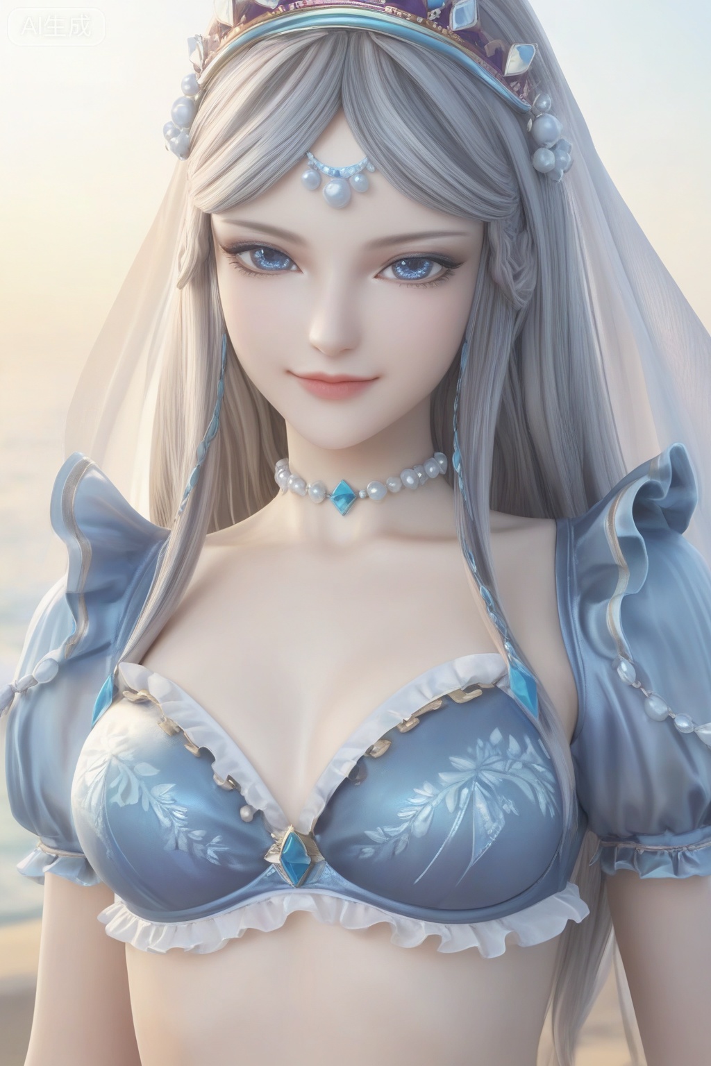 score_9,score_8_up,score_7_up,1girl,solo,long hair,looking at viewer,grey hair,blue eyes,jewelry,lips,frills bikini,smile