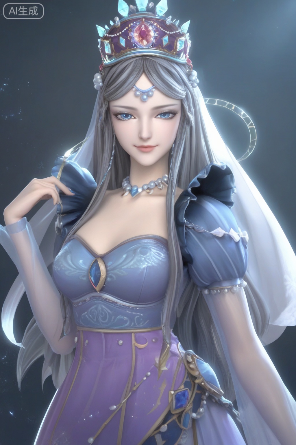 score_9,score_8_up,score_7_up,1girl,solo,long hair,looking at viewer,grey hair,blue eyes,jewelry,lips,dress,crown,smile