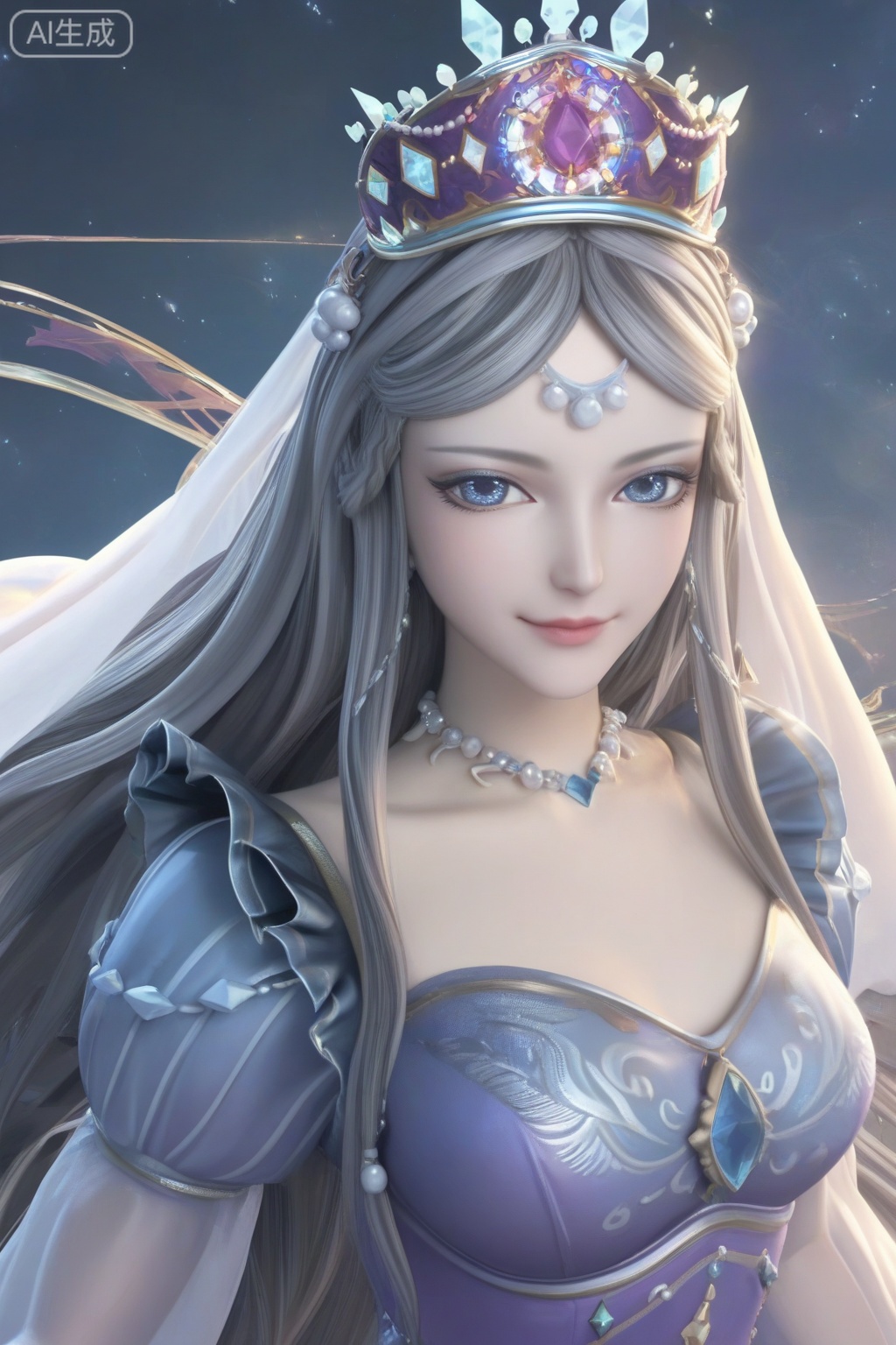 score_9,score_8_up,score_7_up,1girl,solo,long hair,looking at viewer,grey hair,blue eyes,jewelry,lips,dress,crown,smile