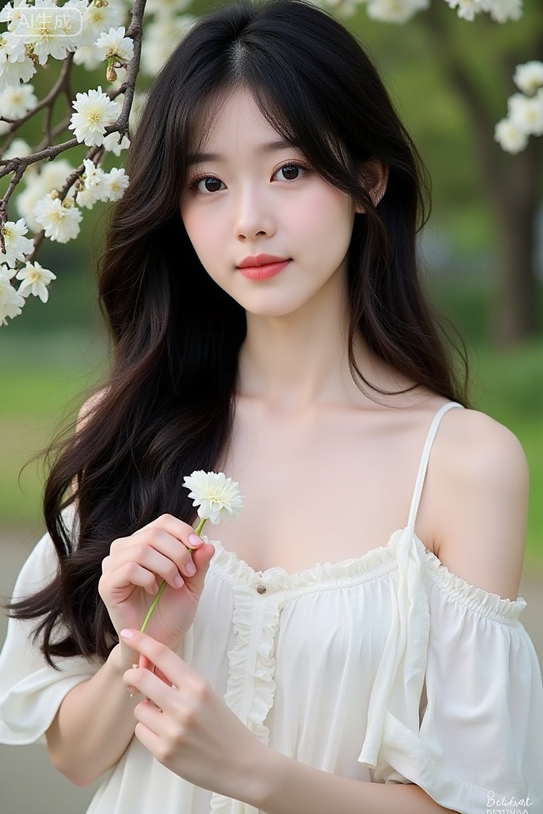 The image shows a young woman with long, wavy, dark hair, wearing a white off-shoulder top with ruffled details. She is standing outdoors, with a tree in the background that has small white flowers. The woman is holding a small white flower close to her face, and her expression is gentle and serene. The lighting is soft and natural, suggesting it might be taken during the daytime. The overall atmosphere is peaceful and natural.,youran