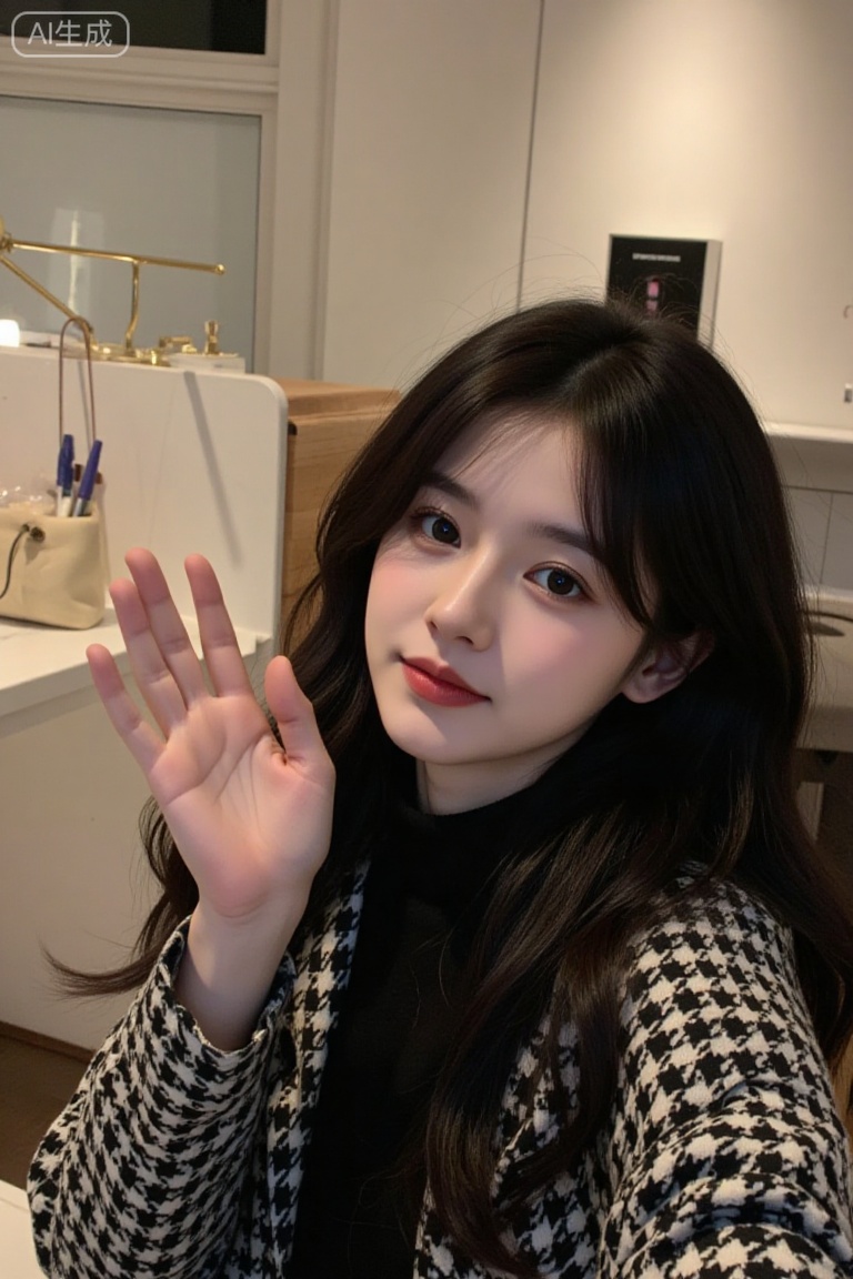 Fujifilm-style portrait: A young woman with long dark wavy hair,wearing a black and white patterned coat,waves at the camera,in a cozy indoor setting,fine film grain,soft light,youran