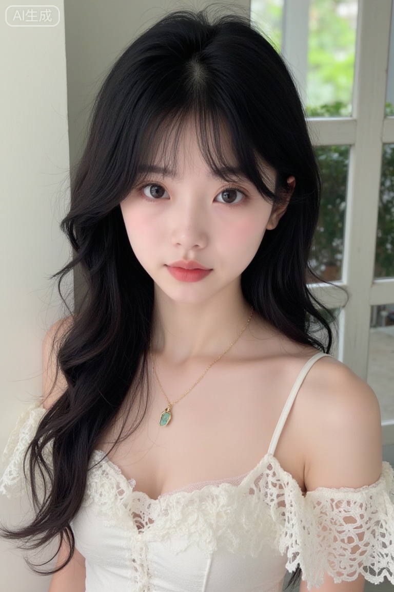 youran,a young woman with long, wavy black hair. She is wearing a white, off-shoulder lace top with ruffled sleeves. A delicate necklace with a small green pendant is visible around her neck. The background is softly blurred, featuring a light-colored wall and a door with a glass panel. The overall setting appears to be indoors, with a calm and serene atmosphere.medium breasts,cleavage