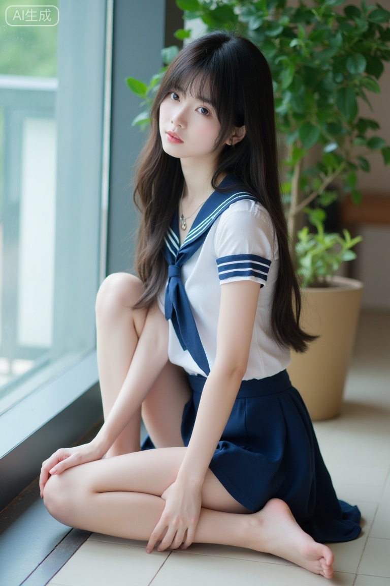The image shows a young woman sitting on the floor near a window. She is wearing a blue and white sailor-style school uniform with a skirt and a short-sleeved top. Her long, straight hair is parted down the middle, and she has a neutral expression on her face. She is barefoot, with her legs crossed in front of her. The floor appears to be tiled, and there is a large window to her left. In the background, there is a potted plant with green leaves and a blurred view of a room, suggesting an indoor setting. The lighting is soft and natural, creating a calm and serene atmosphere.