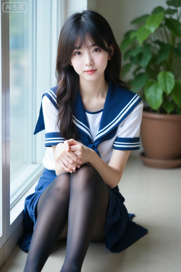 The image shows a young woman sitting on the floor near a window. She is wearing a blue and white sailor-style school uniform with a skirt and a short-sleeved top,and black pantyhose. Her long, straight hair is parted down the middle, and she has a neutral expression on her face. She is barefoot, with her legs crossed in front of her. The floor appears to be tiled, and there is a large window to her left. In the background, there is a potted plant with green leaves and a blurred view of a room, suggesting an indoor setting. The lighting is soft and natural, creating a calm and serene atmosphere.