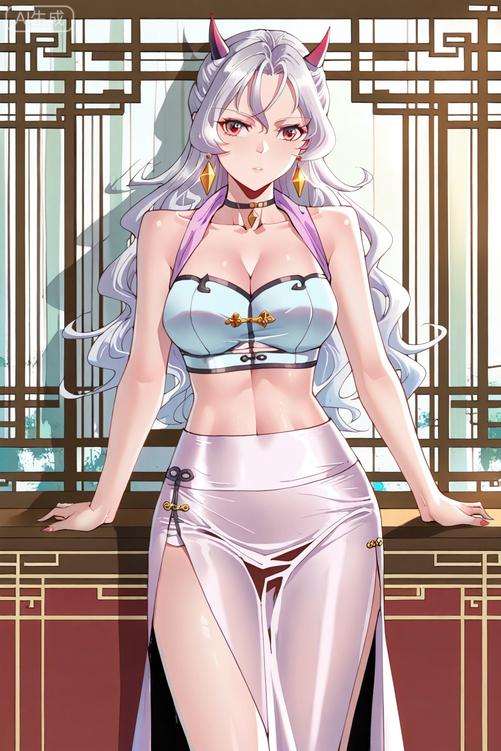安颜,1girl, solo, demon horns, red eyes, long hair, silver hair, wavy hair, hair between eyes, hair ornamentchinese clothes, cleavage, long skirt, high slit skirt, side slit, bare shoulders, exposed midriff, gold earrings, choker,best quality,amazing quality,