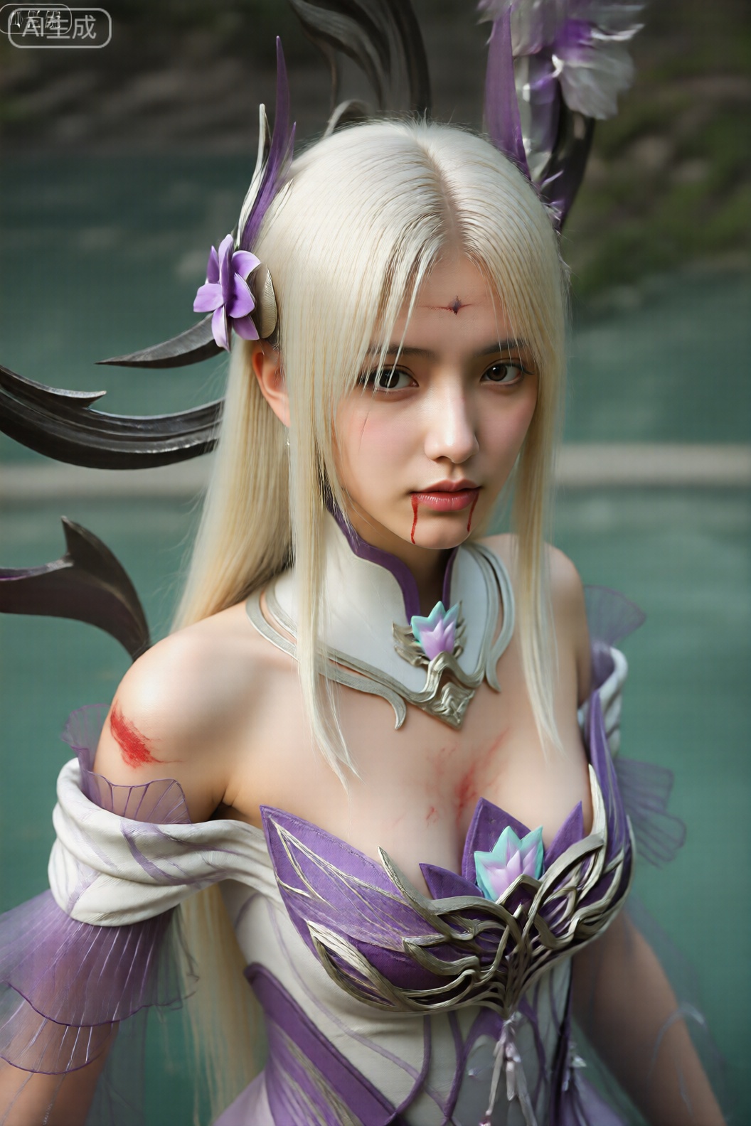 从头到膝盖高度照片,,小医仙,该图像描绘了一个拥有长而直的白金金发的人,戴着紫色和银色华丽的头饰,左侧有蝴蝶状的设计。该人穿着一套精致的、奇幻风格的服装：白色和紫色的铠甲上衣,上面有几何图案、高领和紫色口音。胸部区域的金属框架中镶嵌着一颗紫色宝石,周围环绕着花卉图案。明显的伤害包括额头上有一个小伤口,血从下巴流下来,左肩有红色擦伤,胸部有血迹。背景是户外环境,绿色植物和水（可能是游泳池或湖泊）模糊,光线自然,强调了服装复杂的细节。