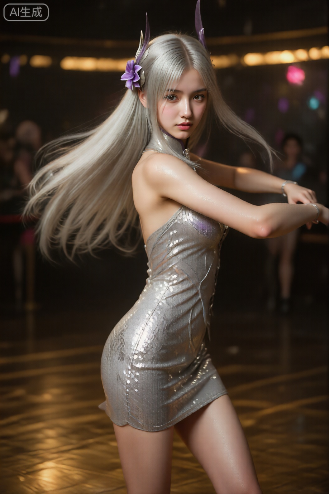 从头到膝盖高度照片,,小医仙,图像中的人物有一头银色的长直发,左侧装饰着一朵紫色的花。
特写镜头拍摄一位在暗金色舞池中旋转的美女,身着银色亮片包臀裙,亮片随着舞步折射出璀璨光芒,,发丝飞扬瞬间被捕捉,背景是虚化的霓虹光斑,使用f/1.8大光圈营造梦幻景深,壁纸级画质,皮肤汗珠与亮片纹理极致清晰,氛围充满动态美感,