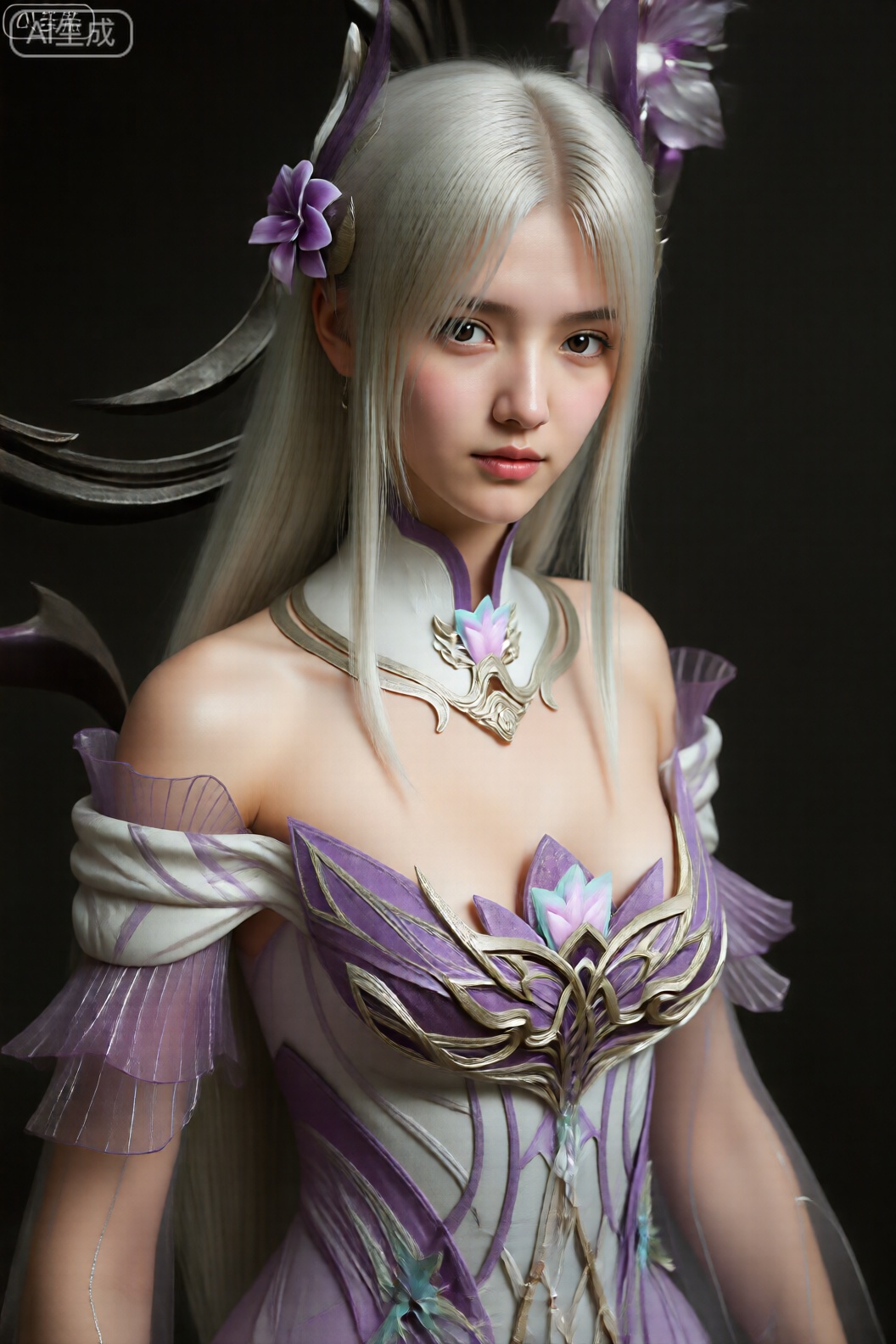 从头到膝盖高度照片,,小医仙,该图像展示了女性角色的高度详细的数字渲染。她有一头长长的直发,银白色的头发长过肩膀。她的头发上装饰着紫色和银色的花卉配饰,其中包括她头部左侧的一朵显眼的花朵。她的眼睛很大,表情丰富,脸上表情柔和、中性。她穿着一套合身的露肩服装,主要是白色,带有紫色和金色的点缀。该服装具有复杂的金色图案和胸部区域突出的花卉设计。袖子短而蓬松,采用透明的紫色面料制成,质地细腻,几乎半透明。