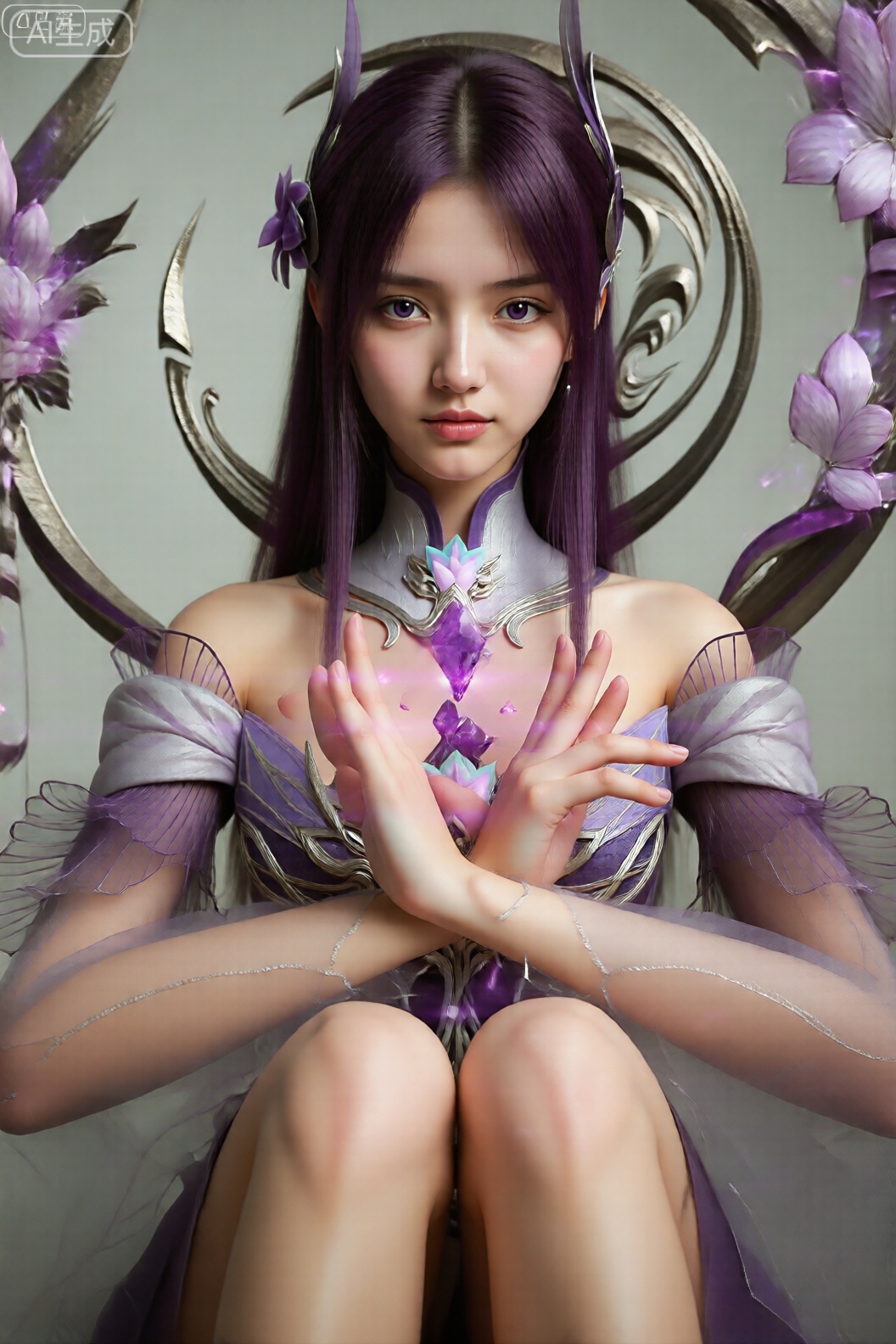 从头到膝盖高度照片,,小医仙,图像描绘了一个有着紫色长发和紫色眼睛的女性形象。她穿着一件精致的服装,高领上衣带有银色和紫色的装饰图案,袖子上装饰着带有紫色点缀的半透明荷叶边面料。她的双手放在身前,掌心相触,掌心之间有几颗紫色的水晶,散发着璀璨的紫色光芒。,她身后的圆形华丽结构装饰着紫色的花朵和金属元素。整个场景具有奇幻主题的美感,重点关注发光水晶和复杂的服装细节等魔法元素。