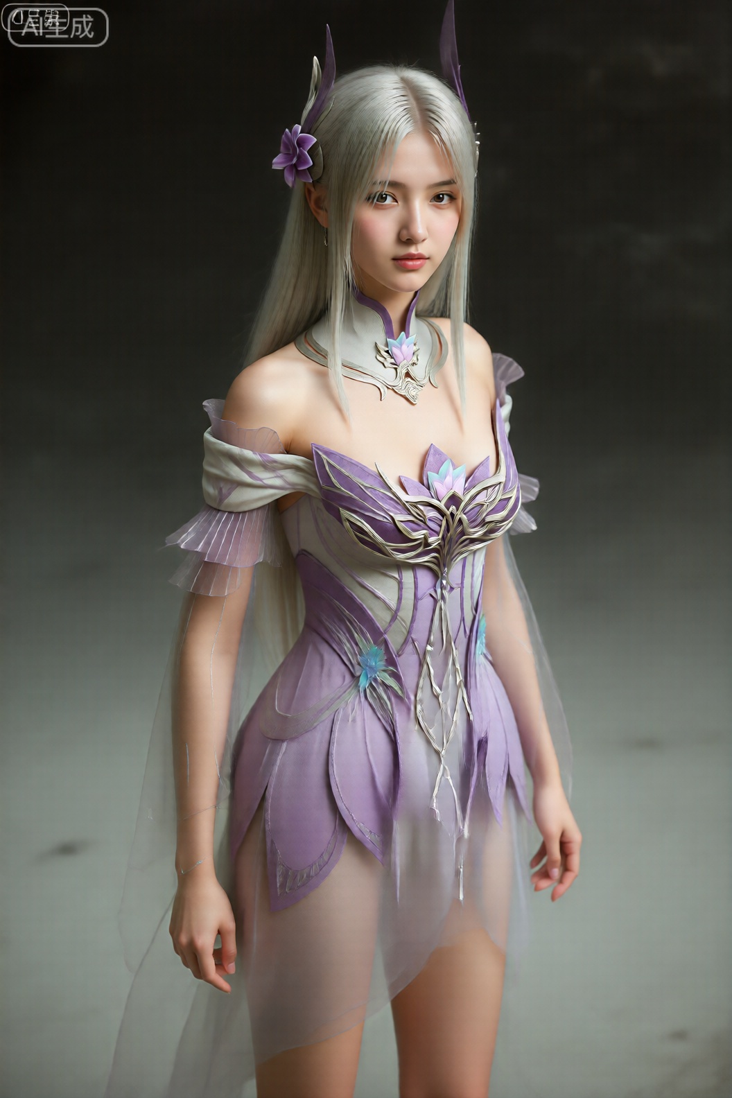 从头到膝盖高度照片,,小医仙,图像中的人物有一头银色的长直发,左侧装饰着一朵紫色的花。人物身着精致的服装,融合了幻想和优雅的元素。服装的上半部分采用露肩设计,采用透明浅色面料垂在肩上。紧身胸衣采用紫色和银色混合而成,设计精美,呈花瓣状,中心有一朵装饰性蓝色花朵。服装的下半部分是一条透明的浅色裙子,长度较短。。整体美感空灵而超凡脱俗。