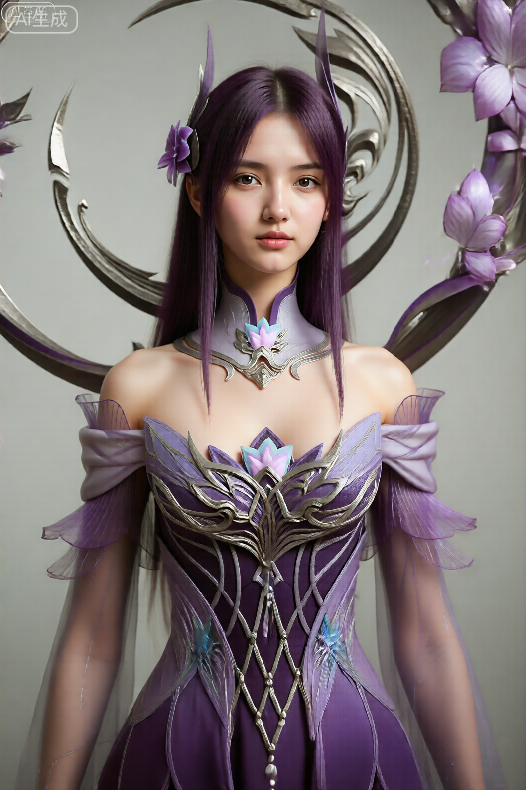 从头到膝盖高度照片,该图像描绘了一个有着紫色长直发的人物,左侧装饰着一朵紫色花朵。该人物穿着一套精致的服装,混合了紫色和银色。服装的上半部分采用金属银色设计,图案复杂,中心有花卉图案。肩部覆盖着透明的紫色面料,质地细腻,几乎是半透明的。在人物背后,有巨大的、弯曲的金属结构,类似翅膀或盔甲,也装饰着紫色的花朵。,小医仙