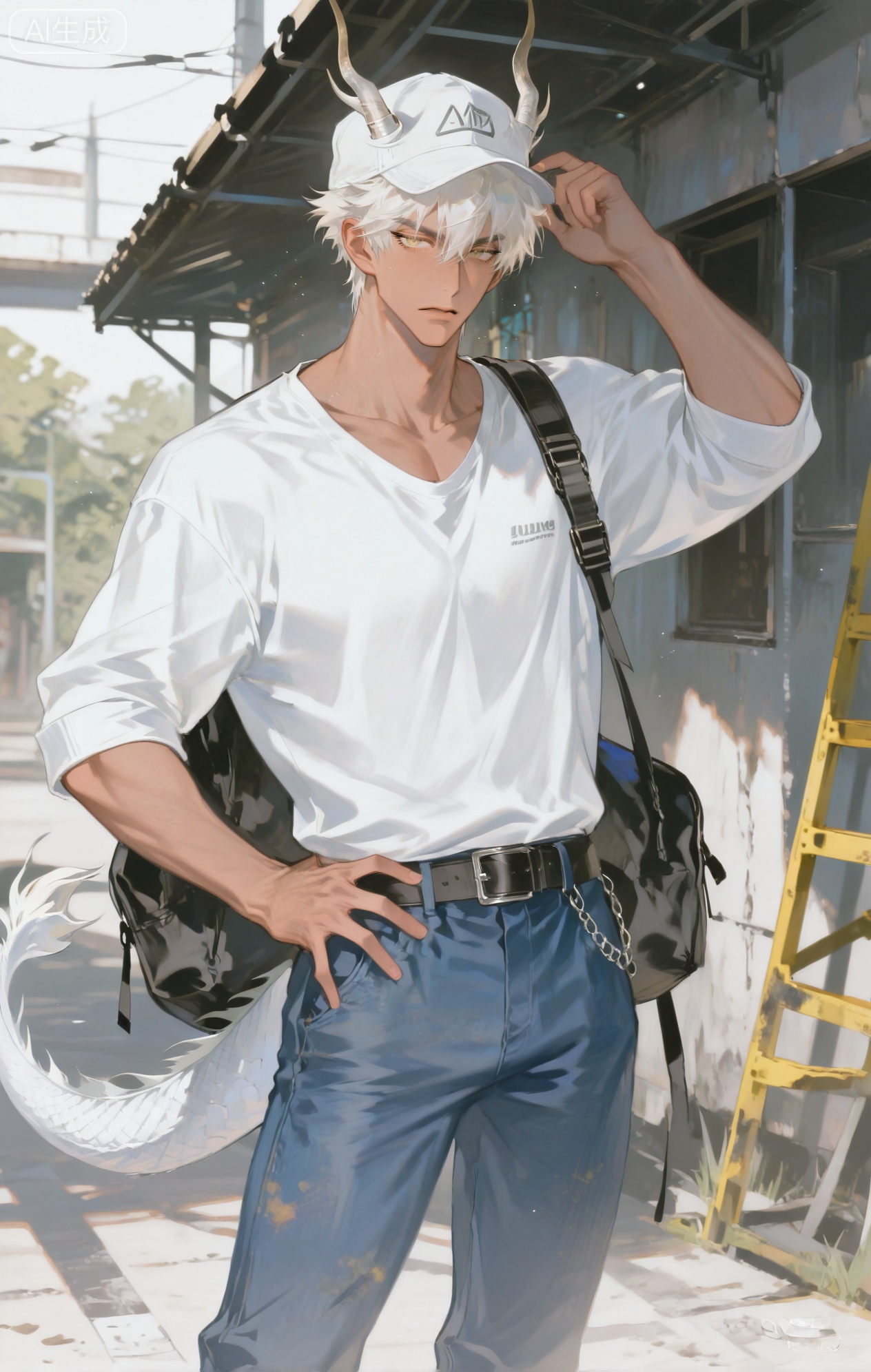Small note art style,,xiaozhitiao,yu xuan,multicolored hair,White dragon tail,White dragon horns,yellow eyes,white hair,blonde hair,1boy,bangs


(artist:mazjojo:0.53),(artist:pigeon666:0.37),(artist:zawar379:0.57),(artist:remsrar:0.35),(artist:yoneyama mai:0.64),(yokoyari mengo:0.6),(colored pencil medium),(rei sanbonzakura),(flat color:1.2),masterpiece,best quality,highres,absurdres,extremely detailed,amazing quality,very aesthetic,ultra - detailed,scenery,depth of field,volumetric lighting,high definition,detailed eyes,detailed beautiful face and eyes,best aesthetic,good colors,bright skin,lots of details,1boy,male focus,rugged look,tanned skin,muscular build,Anime style,(weary but determined expression:1.3),(standing by a construction site:1.2),(focused eyes),standing on the dusty ground near a half - built building, construction equipment in the background,(dynamic pose:one hand on hip, the other holding a measuring tape),wearing a light - blue denim work shirt with rolled - up sleeves, dirty khaki work pants with multiple pockets, black work boots,a brown leather tool belt around his waist, a white baseball cap with a construction company logo,a pair of safety goggles pushed up on his cap, intricate details,denim and dirt texture details,bright sunlight with dust particles,cel - shading,anime key visual,ultra HD,8k,Phainon