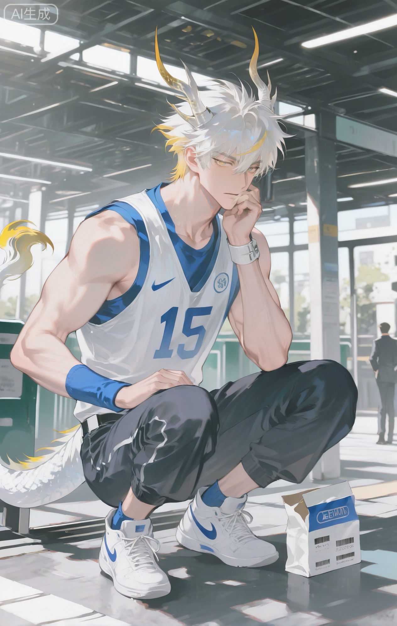 Small note art style,,xiaozhitiao,yu xuan,multicolored hair,White dragon tail,White dragon horns,yellow eyes,white hair,blonde hair,1boy,bangs


(artist:mazjojo:0.53),(artist:pigeon666:0.37),(artist:zawar379:0.57),(artist:remsrar:0.35),(artist:yoneyama mai:0.64),(yokoyari mengo:0.6),(colored pencil medium),(rei sanbonzakura),(flat color:1.2),masterpiece,best quality,highres,absurdres,extremely detailed,amazing quality,very aesthetic,ultra - detailed,scenery,depth of field,volumetric lighting,high definition,detailed eyes,detailed beautiful face and eyes,best aesthetic,good colors,bright skin,lots of details,1boy,male focus,busy look,rosy - cheeked from effort, athletic build,Anime style,(focused expression:1.3),(sorting packages at a courier station:1.2),(alert eyes),in a bustling 快递站,packages of all sizes piled up, conveyor belts moving in the background,(dynamic pose:squatting down, picking up a package to check the label),wearing a blue - and - yellow branded work vest over a white tee, dark blue work pants, white sneakers,a pair of gloves, a barcode scanner in his hand,a cap with the courier company's name on it, intricate details,vest and package details,bright fluorescent lighting in the station,cel - shading,anime key visual,ultra HD,8k,Phainon