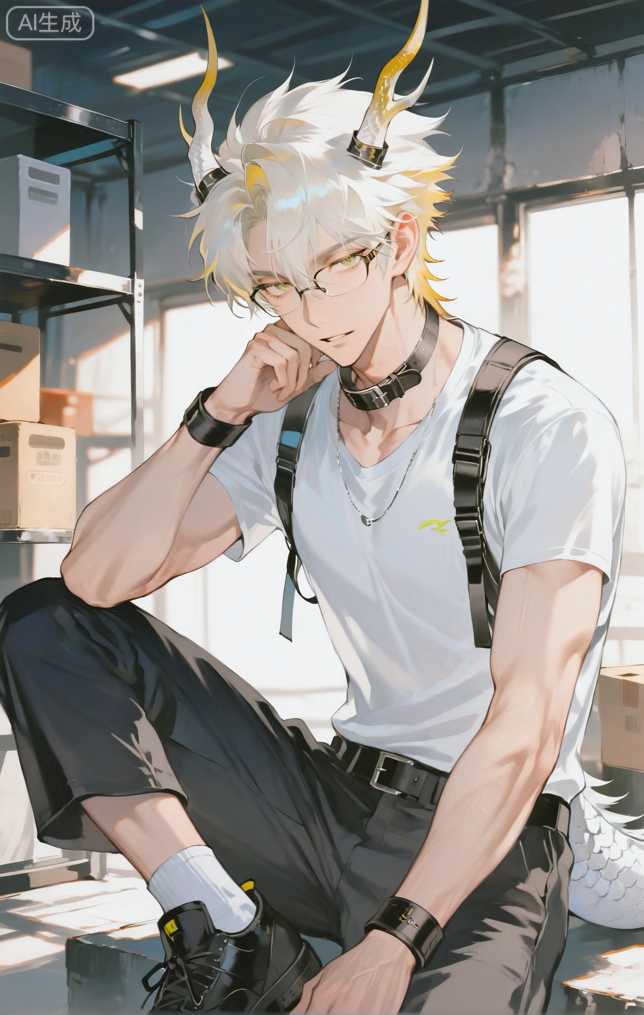 Small note art style,,xiaozhitiao,yu xuan,multicolored hair,White dragon tail,White dragon horns,yellow eyes,white hair,blonde hair,1boy,bangs


(artist:mazjojo:0.53),(artist:pigeon666:0.37),(artist:zawar379:0.57),(artist:remsrar:0.35),(artist:yoneyama mai:0.64),(yokoyari mengo:0.6),(colored pencil medium),(rei sanbonzakura),(flat color:1.2),masterpiece,best quality,highres,absurdres,extremely detailed,amazing quality,very aesthetic,ultra - detailed,scenery,depth of field,volumetric lighting,high definition,detailed eyes,detailed beautiful face and eyes,best aesthetic,good colors,bright skin,lots of details,1boy,male focus,organized look,fair skin,medium build,Anime style,(efficient expression:1.3),(stacking boxes in a warehouse:1.2),(attentive eyes),inside a large, dimly - lit 仓库,rows of shelves filled with boxes, a forklift nearby,(dynamic pose:lifting a cardboard box, about to place it on a shelf),wearing a gray work shirt with a company logo on the chest, black work pants, black work shoes,a black utility belt with a flashlight and a box - cutter,a pair of safety glasses hanging from his collar, intricate details,work - shirt and box details,warehouse - lighting with shadows,cel - shading,anime key visual,ultra HD,8k,Phainon
