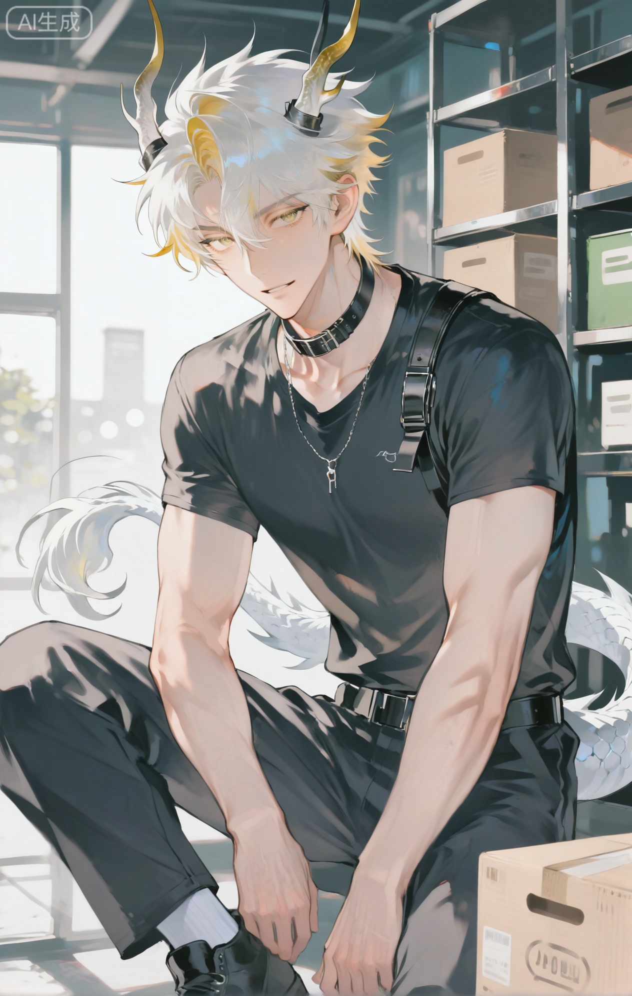Small note art style,,xiaozhitiao,yu xuan,multicolored hair,White dragon tail,White dragon horns,yellow eyes,white hair,blonde hair,1boy,bangs


(artist:mazjojo:0.53),(artist:pigeon666:0.37),(artist:zawar379:0.57),(artist:remsrar:0.35),(artist:yoneyama mai:0.64),(yokoyari mengo:0.6),(colored pencil medium),(rei sanbonzakura),(flat color:1.2),masterpiece,best quality,highres,absurdres,extremely detailed,amazing quality,very aesthetic,ultra - detailed,scenery,depth of field,volumetric lighting,high definition,detailed eyes,detailed beautiful face and eyes,best aesthetic,good colors,bright skin,lots of details,1boy,male focus,organized look,fair skin,medium build,Anime style,(efficient expression:1.3),(stacking boxes in a warehouse:1.2),(attentive eyes),inside a large, dimly - lit 仓库,rows of shelves filled with boxes, a forklift nearby,(dynamic pose:lifting a cardboard box, about to place it on a shelf),wearing a gray work shirt with a company logo on the chest, black work pants, black work shoes,a black utility belt with a flashlight and a box - cutter,a pair of safety glasses hanging from his collar, intricate details,work - shirt and box details,warehouse - lighting with shadows,cel - shading,anime key visual,ultra HD,8k,Phainon