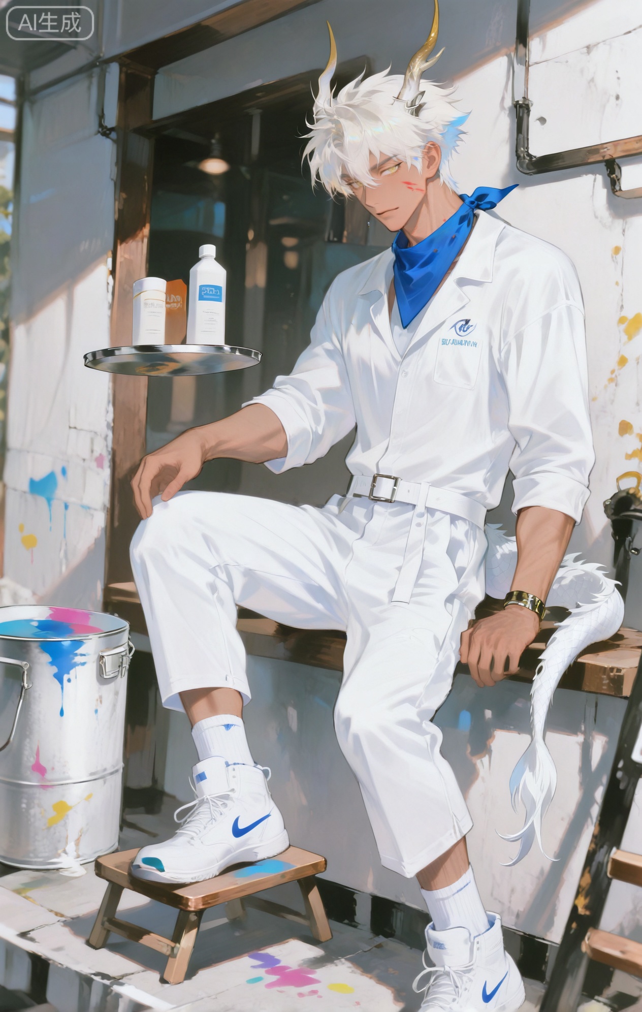 Small note art style,,xiaozhitiao,yu xuan,multicolored hair,White dragon tail,White dragon horns,yellow eyes,white hair,blonde hair,1boy,bangs
,socks,white socks

(artist:mazjojo:0.53),(artist:pigeon666:0.37),(artist:zawar379:0.57),(artist:remsrar:0.35),(artist:yoneyama mai:0.64),(yokoyari mengo:0.6),(colored pencil medium),(rei sanbonzakura),(flat color:1.2),masterpiece,best quality,highres,absurdres,extremely detailed,amazing quality,very aesthetic,ultra - detailed,scenery,depth of field,volumetric lighting,high definition,detailed eyes,detailed beautiful face and eyes,best aesthetic,good colors,bright skin,lots of details,1boy,male focus,skilled look,tanned skin from working outdoors, muscular build,Anime style,(confident expression:1.3),(painting a wall in a house:1.2),(steady eyes),inside a half - renovated 家居装修现场,drop cloths on the floor, paint cans and brushes scattered around,(dynamic pose:standing on a ladder, rolling paint onto a wall),wearing a white painter's jumpsuit splattered with paint, work boots,a blue bandana around his neck, safety goggles,a paint roller in one hand, a tray of paint in the other, intricate details,jumpsuit and paint - splatter details,room - interior lighting with paint - sheen,cel - shading,anime key